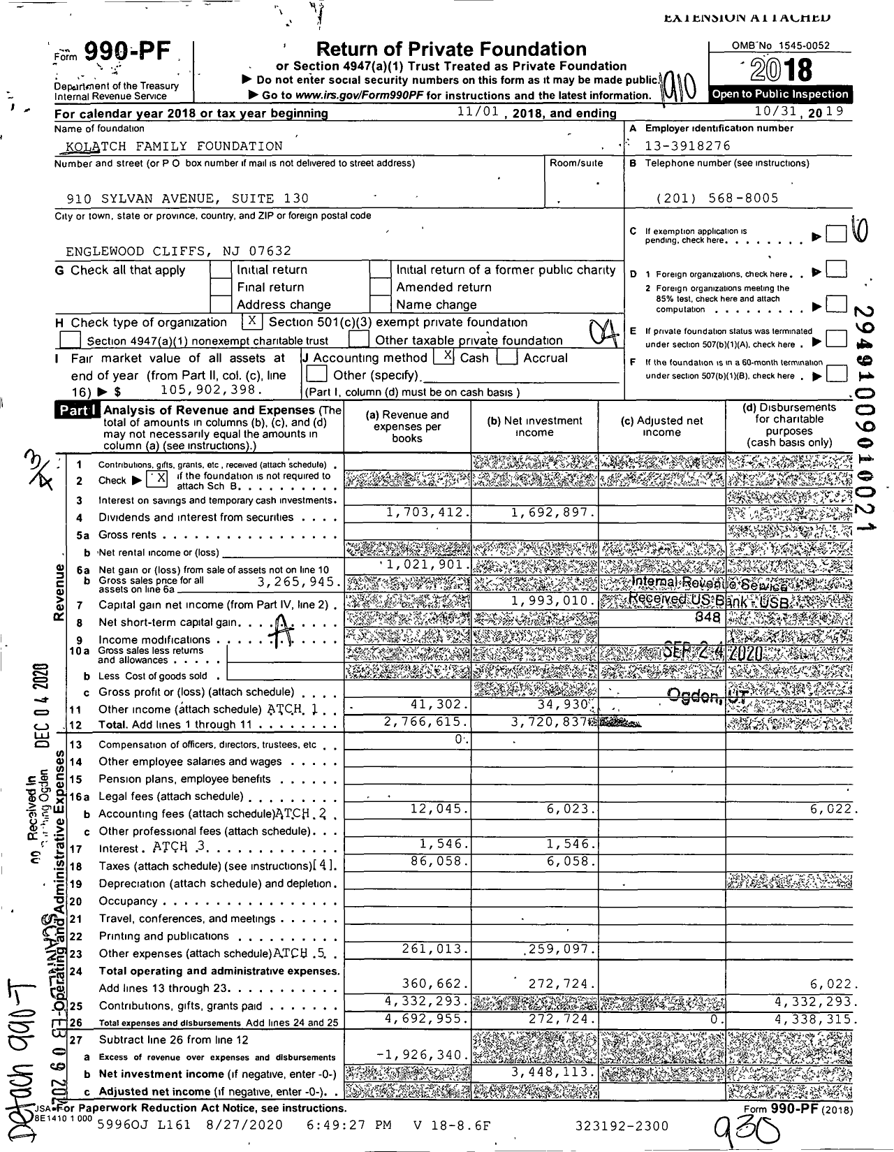 Image of first page of 2018 Form 990PF for Kolatch Family Foundation