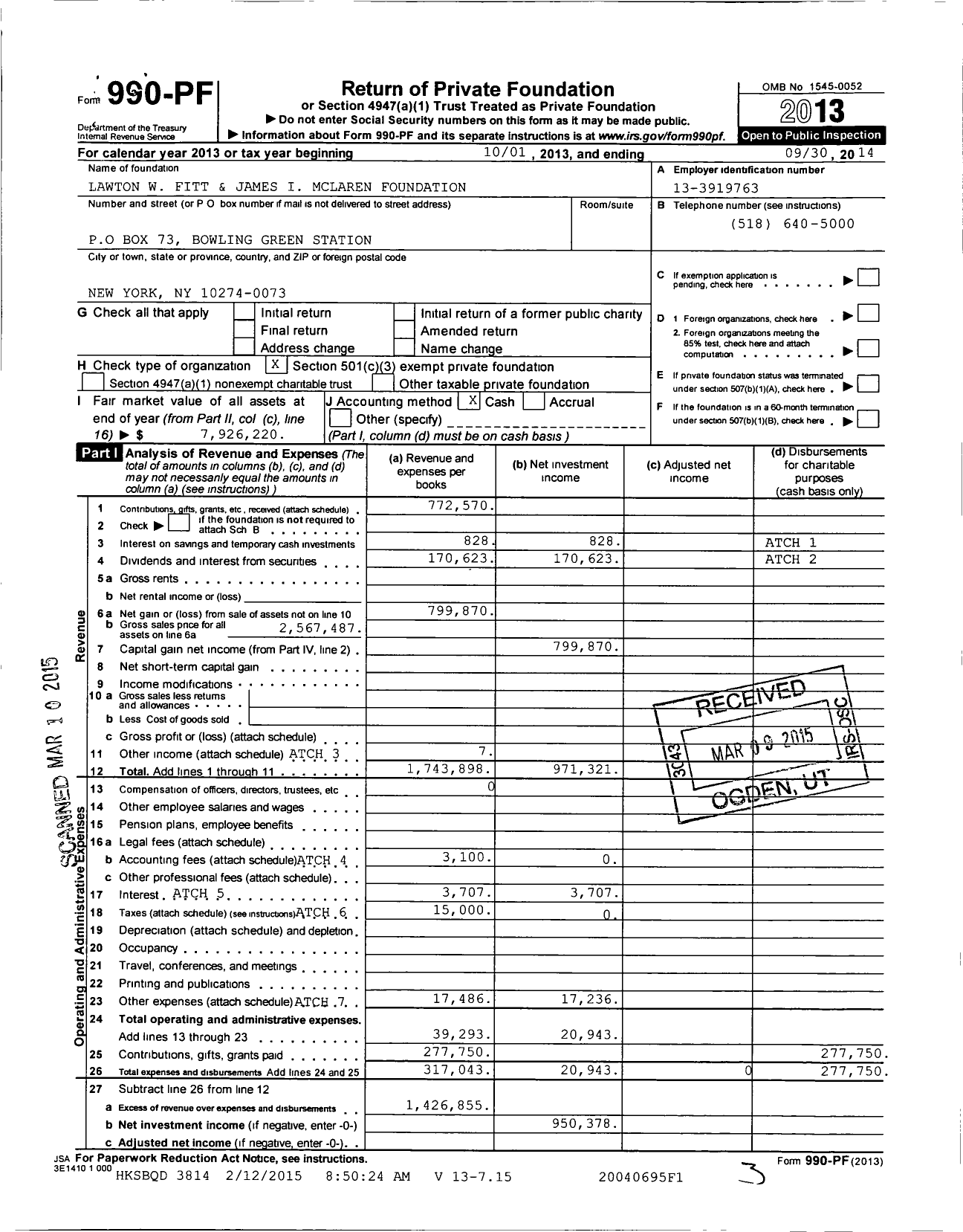 Image of first page of 2013 Form 990PF for Lawton W Fitt & James I McLaren Foundation