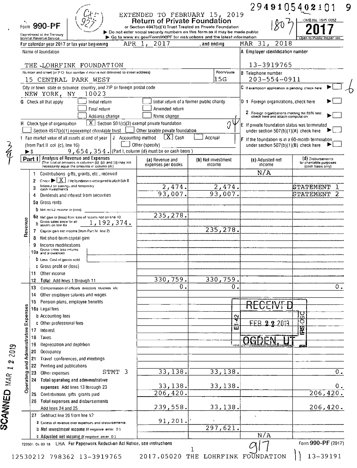 Image of first page of 2017 Form 990PF for The Lohrfink Foundation