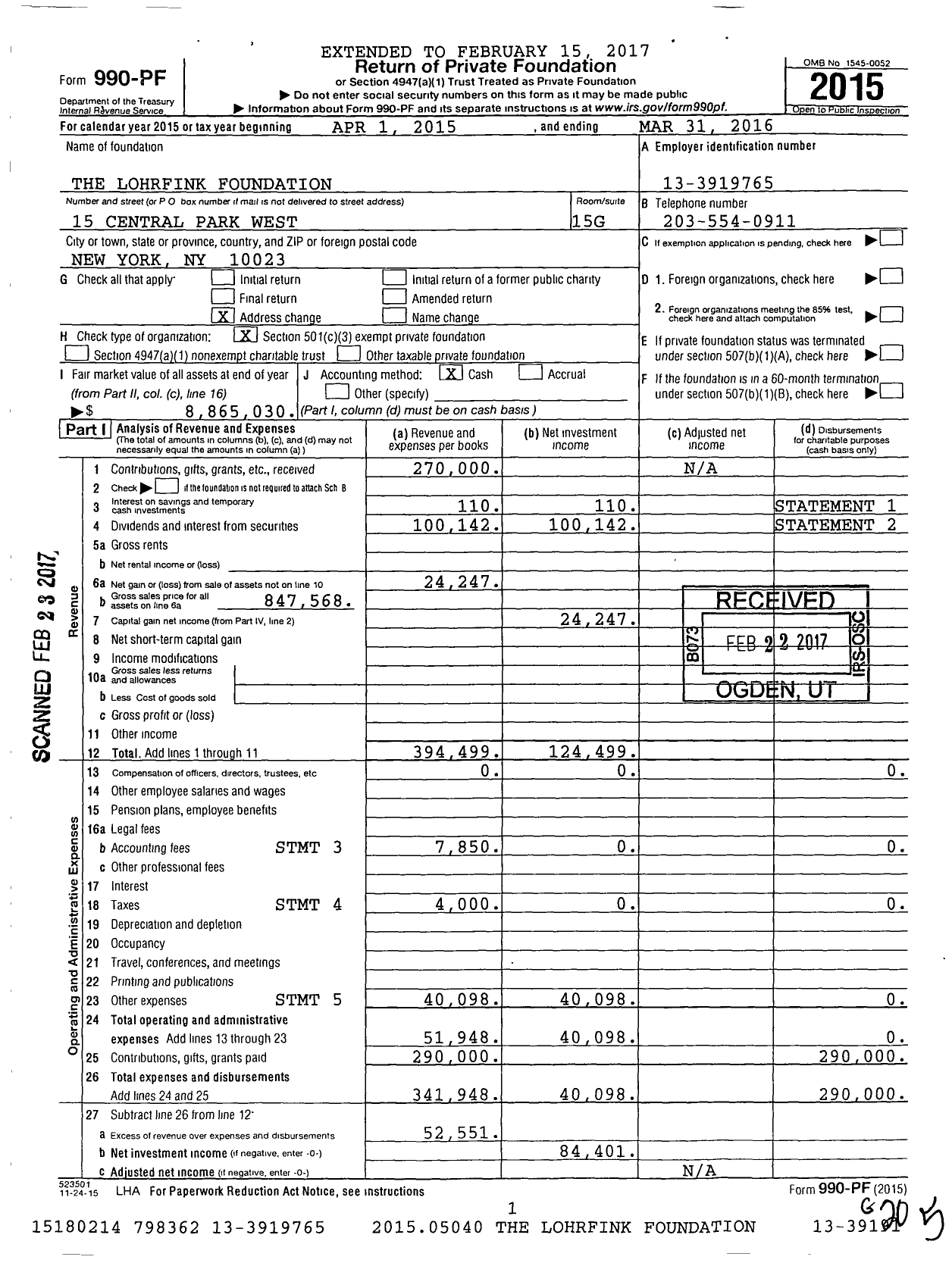 Image of first page of 2015 Form 990PF for The Lohrfink Foundation