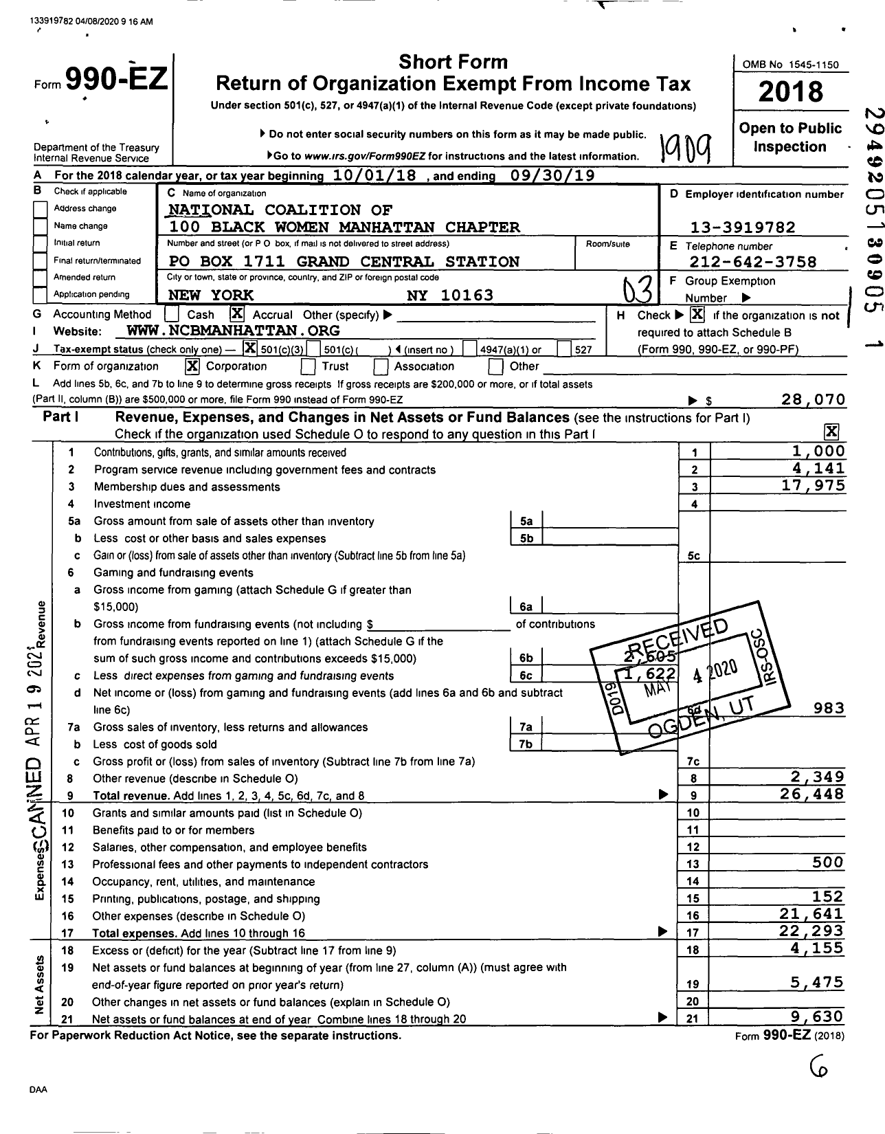 Image of first page of 2018 Form 990EZ for National Coalition of 100 Black Women Manhattan Chapter