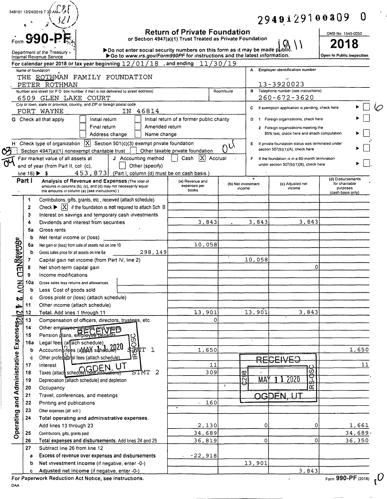 Image of first page of 2018 Form 990PF for The Rothman Family Foundation Peter Rothman