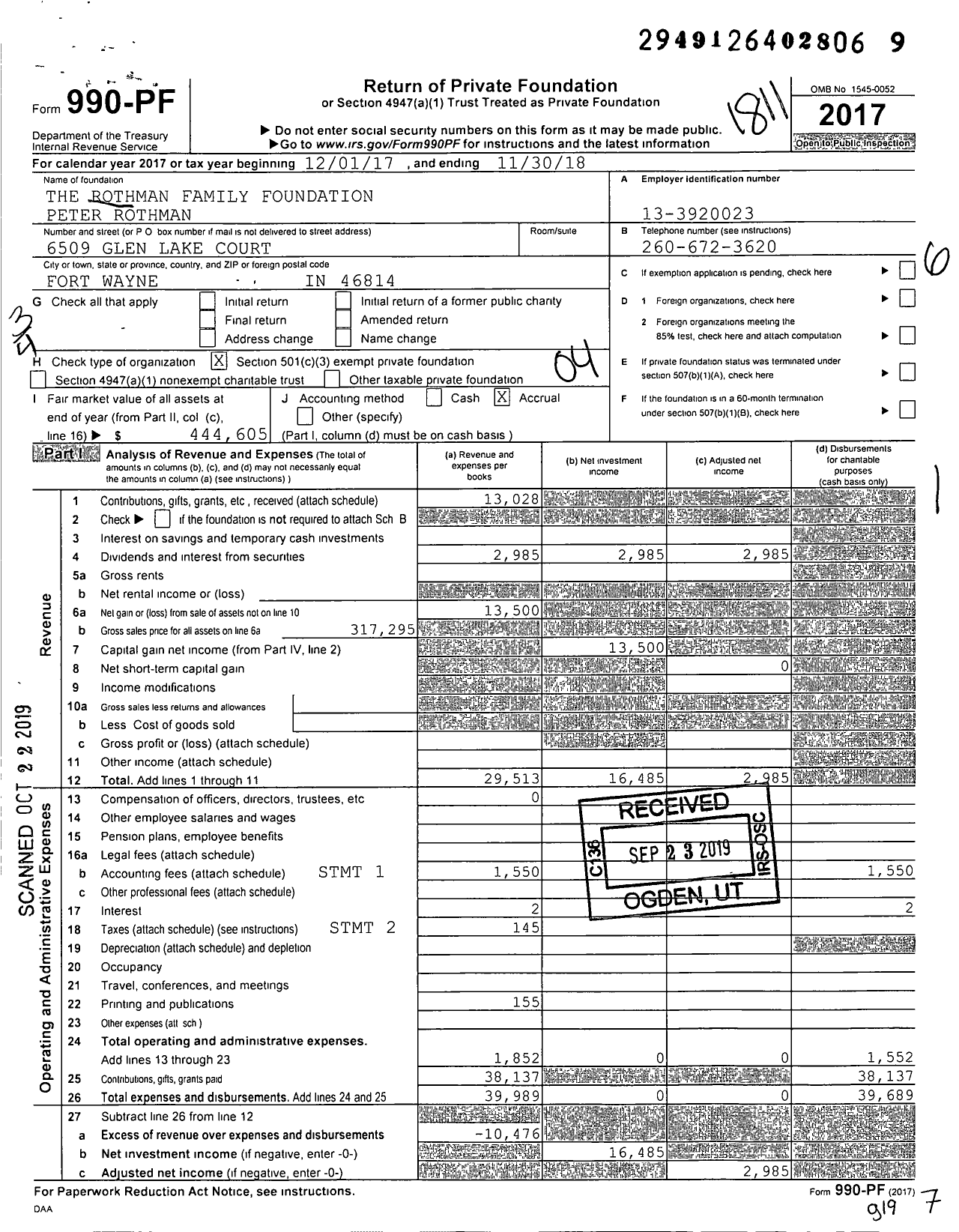 Image of first page of 2017 Form 990PF for The Rothman Family Foundation Peter Rothman