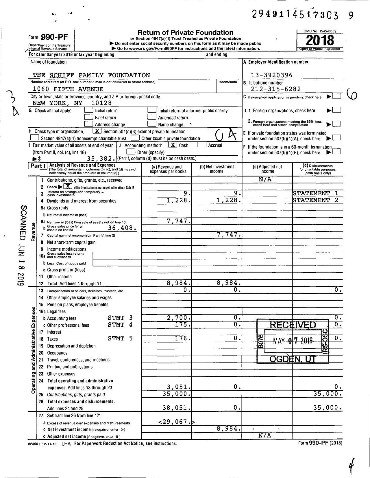 Image of first page of 2018 Form 990PF for The Schiff Family Foundation