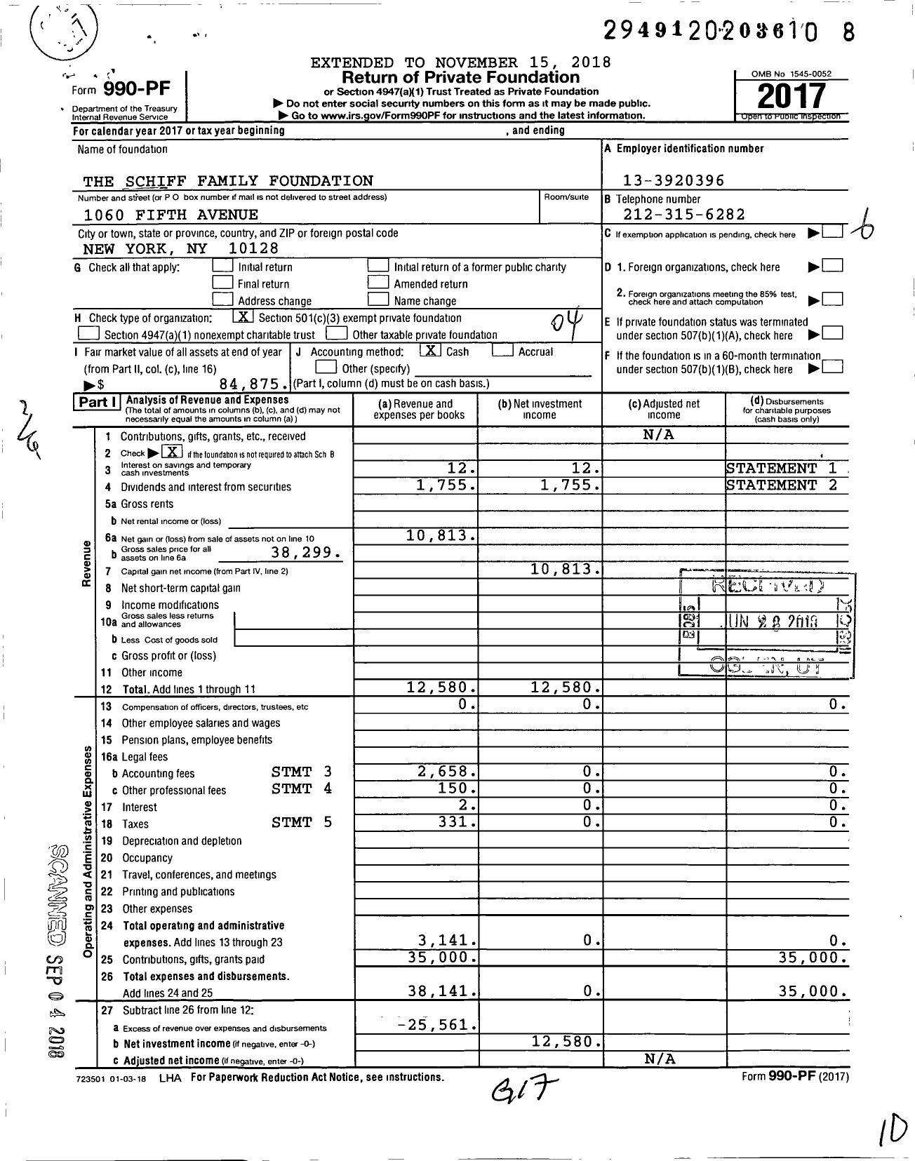 Image of first page of 2017 Form 990PF for The Schiff Family Foundation