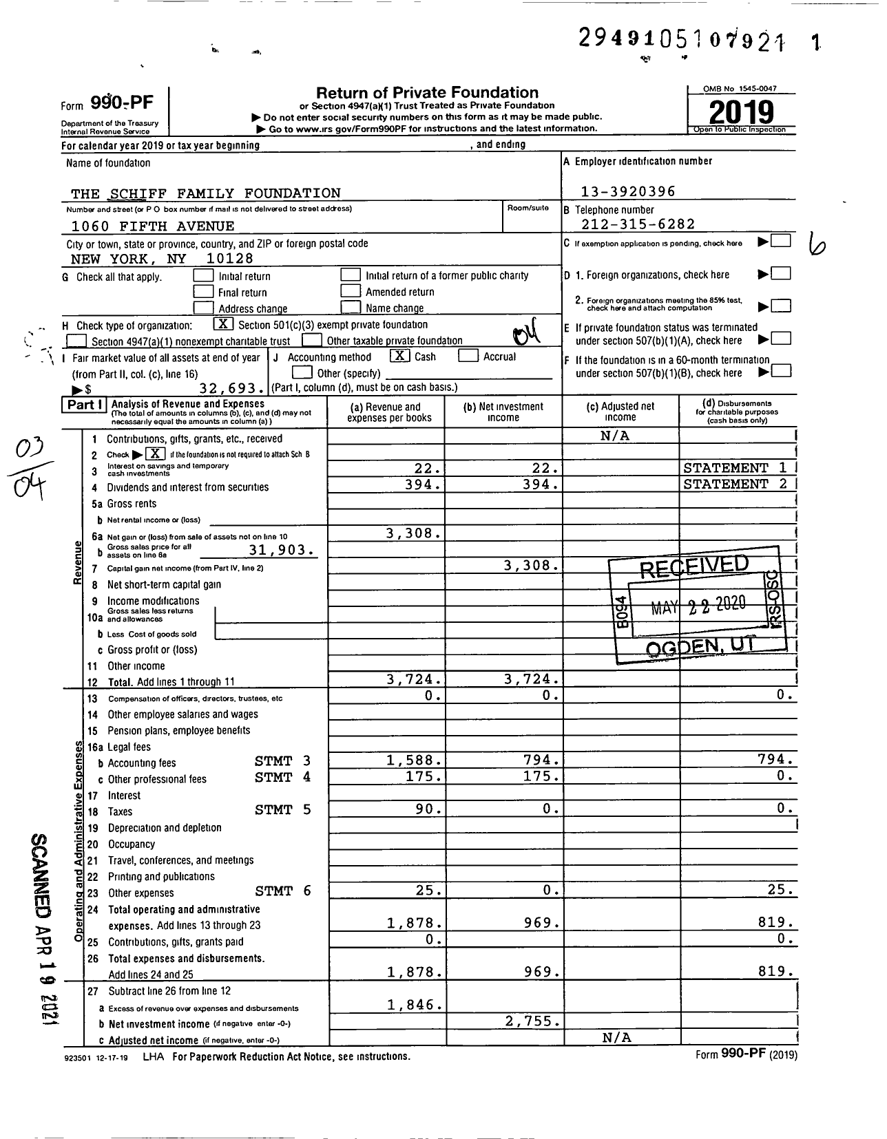 Image of first page of 2019 Form 990PF for The Schiff Family Foundation