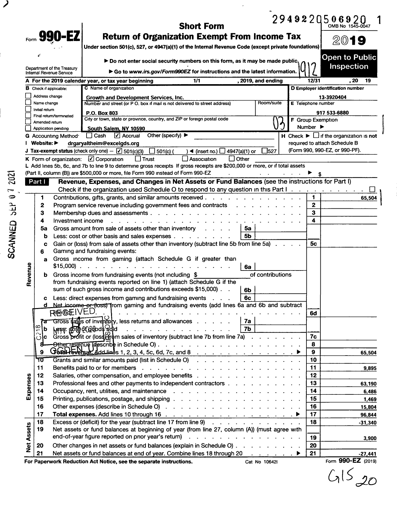 Image of first page of 2019 Form 990EZ for Growth and Development Services