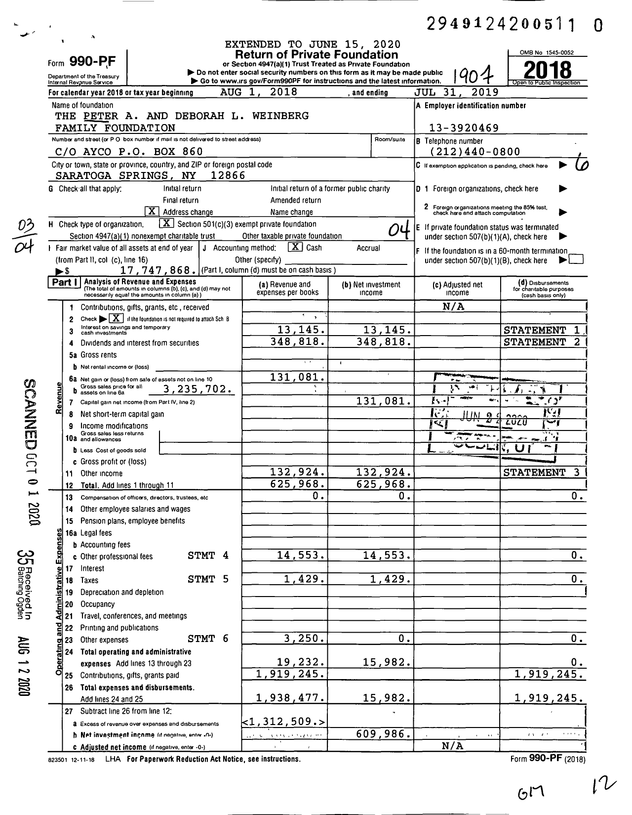 Image of first page of 2018 Form 990PR for The Peter A and Deborah L Weinberg Family Foundation