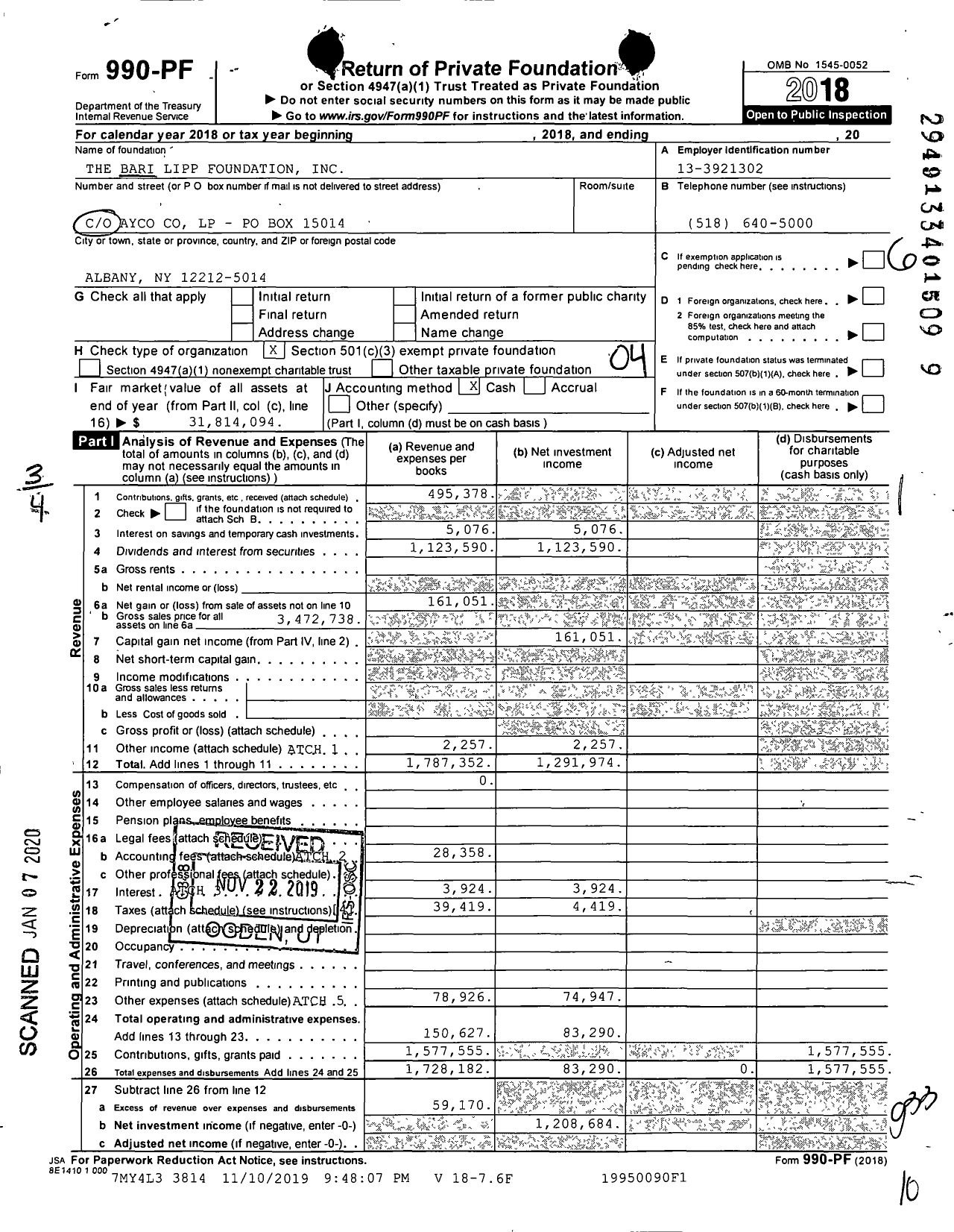 Image of first page of 2018 Form 990PF for The Bari Lipp Foundation