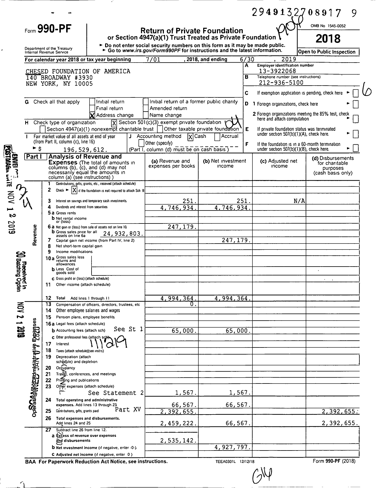 Image of first page of 2018 Form 990PF for Chesed Foundation of America