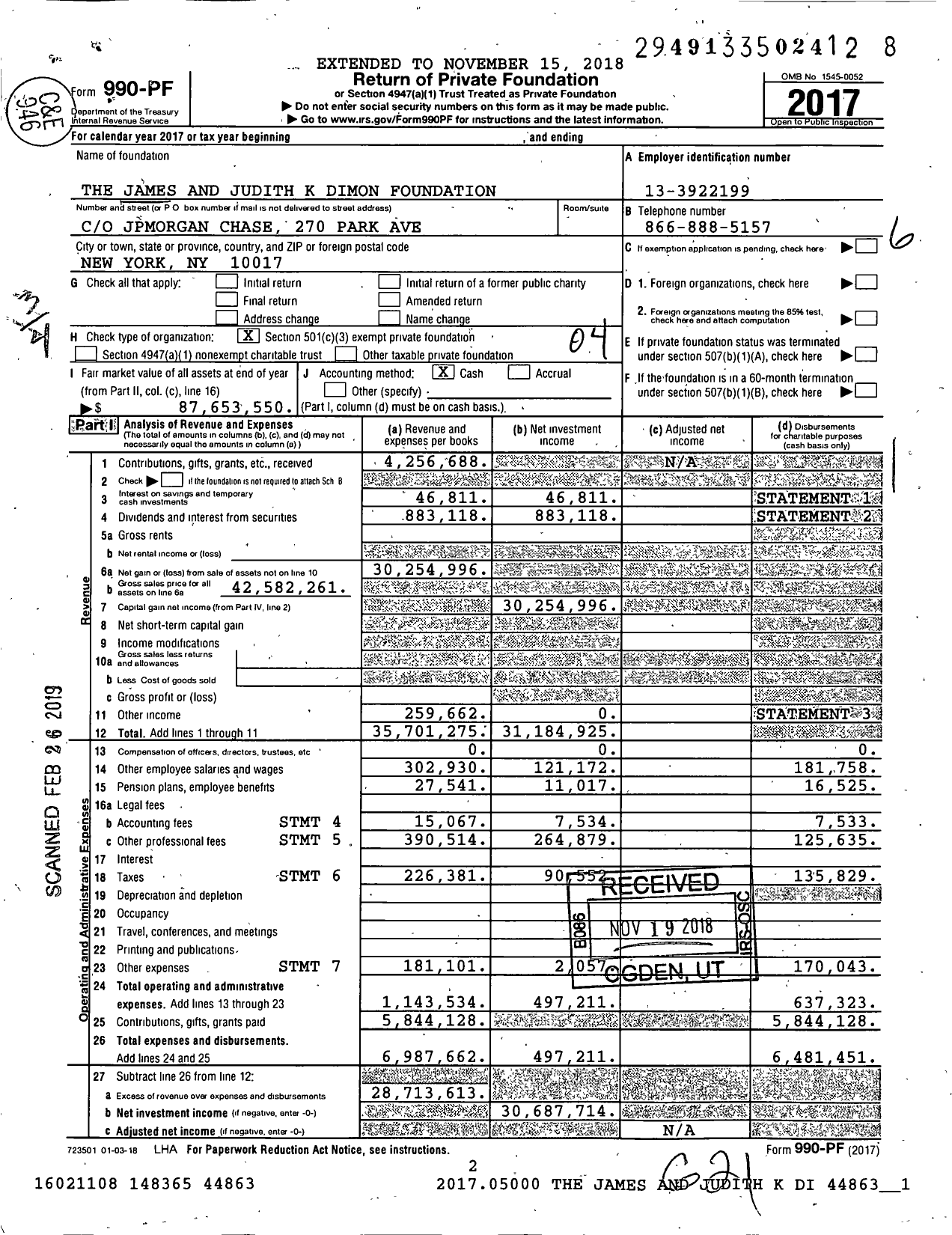 Image of first page of 2017 Form 990PF for The James and Judith K Dimon Foundation
