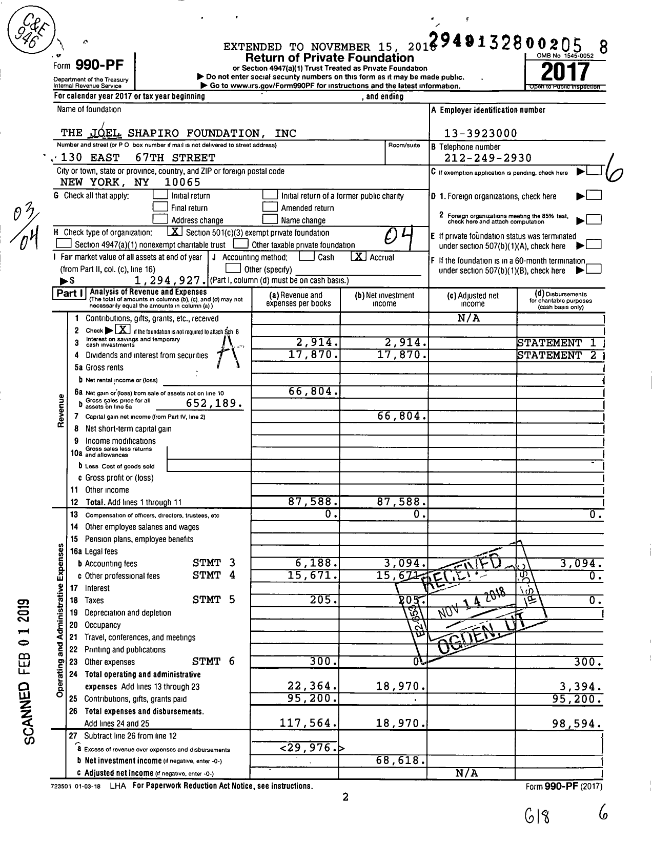 Image of first page of 2017 Form 990PF for The Joel Shapiro Foundation