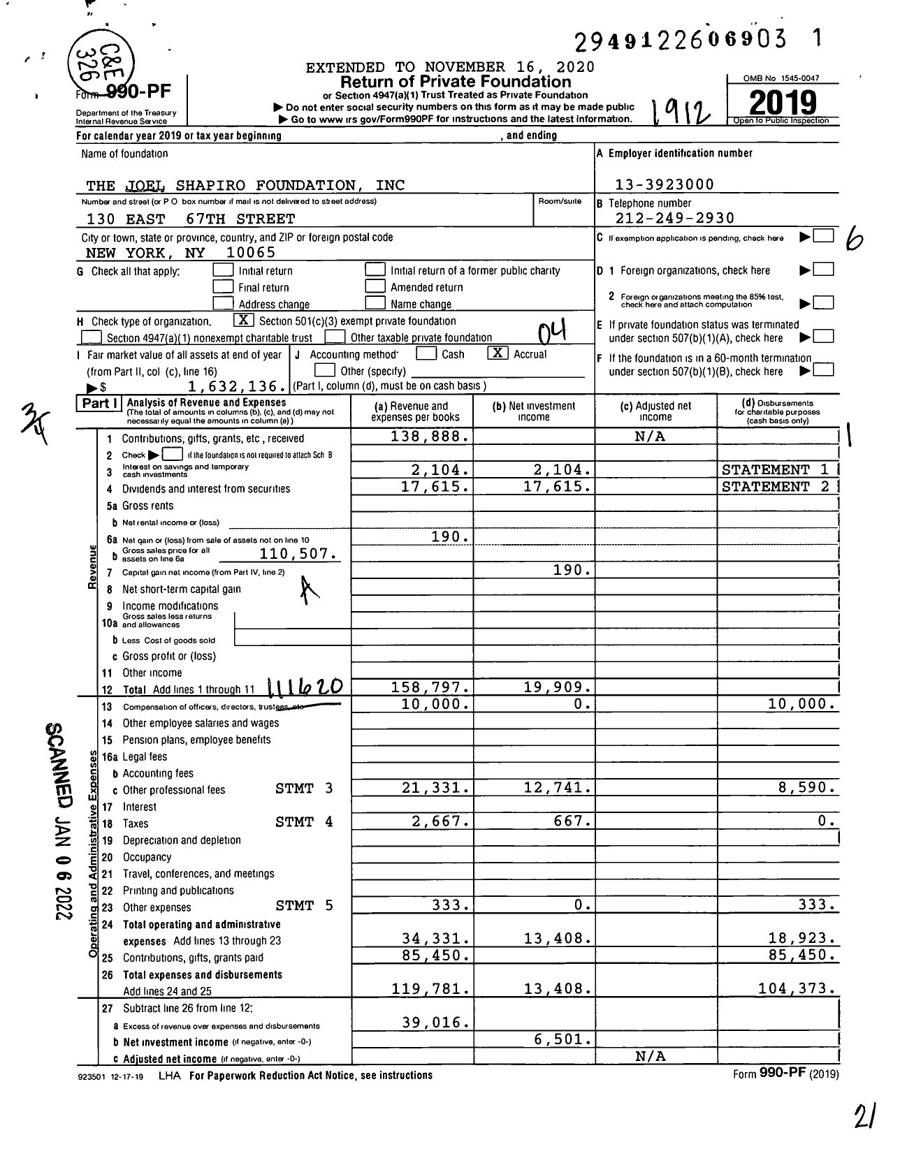 Image of first page of 2019 Form 990PF for The Joel Shapiro Foundation