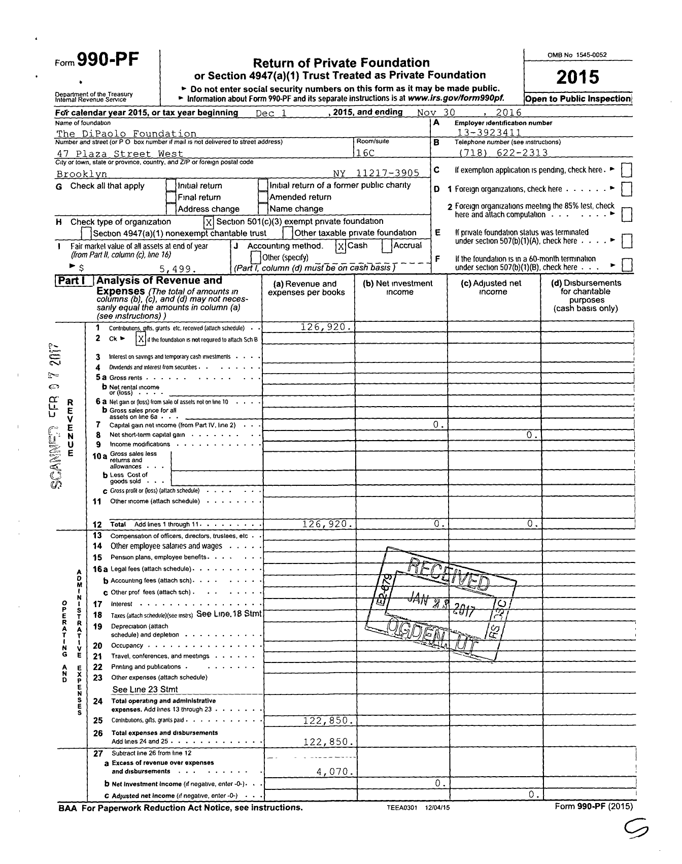 Image of first page of 2015 Form 990PF for Dipaolo Foundation