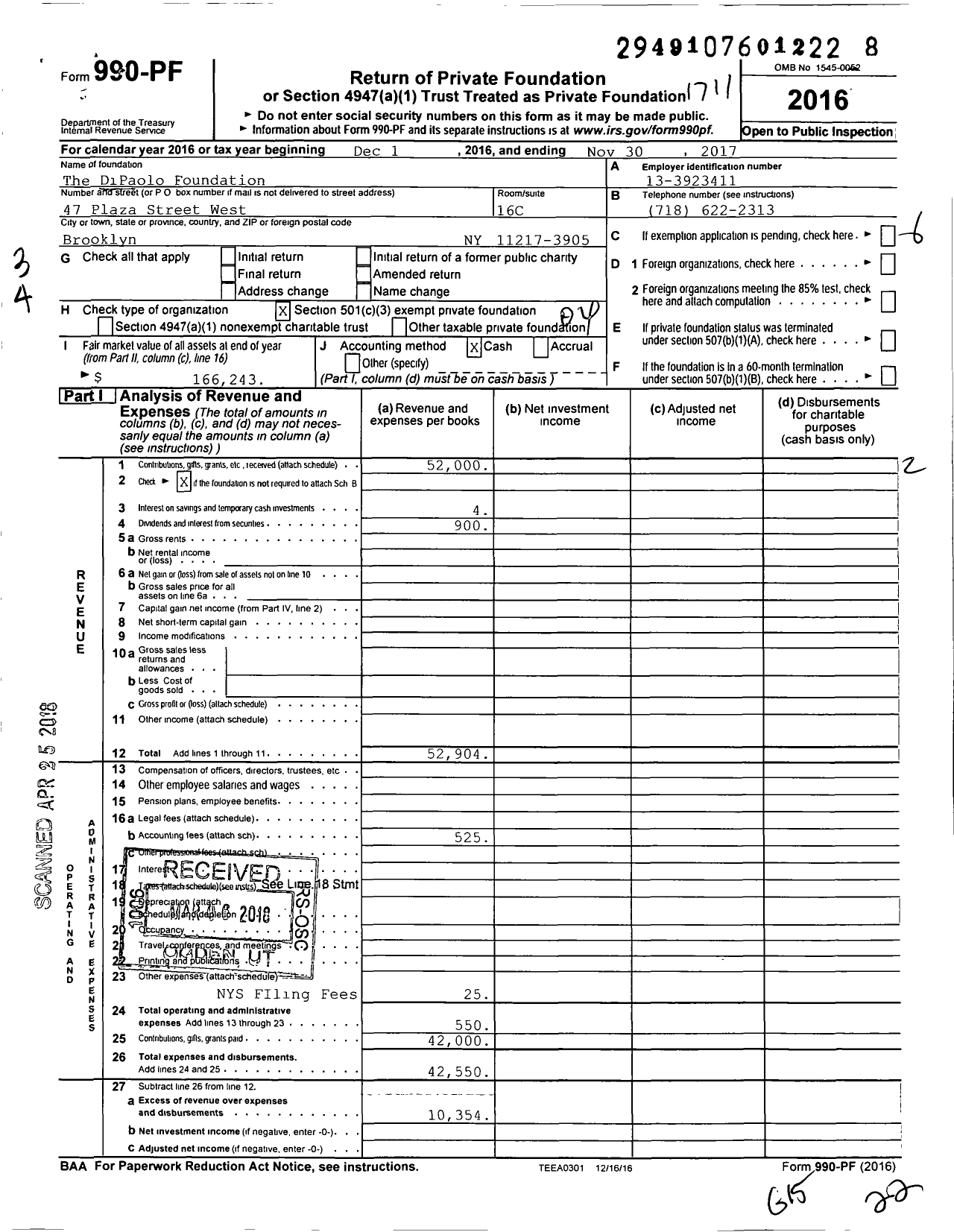 Image of first page of 2016 Form 990PF for Dipaolo Foundation