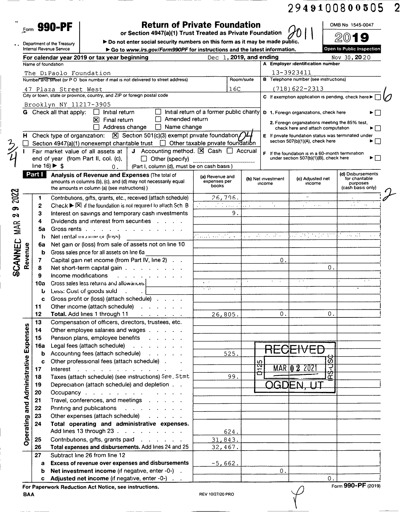 Image of first page of 2019 Form 990PF for Dipaolo Foundation