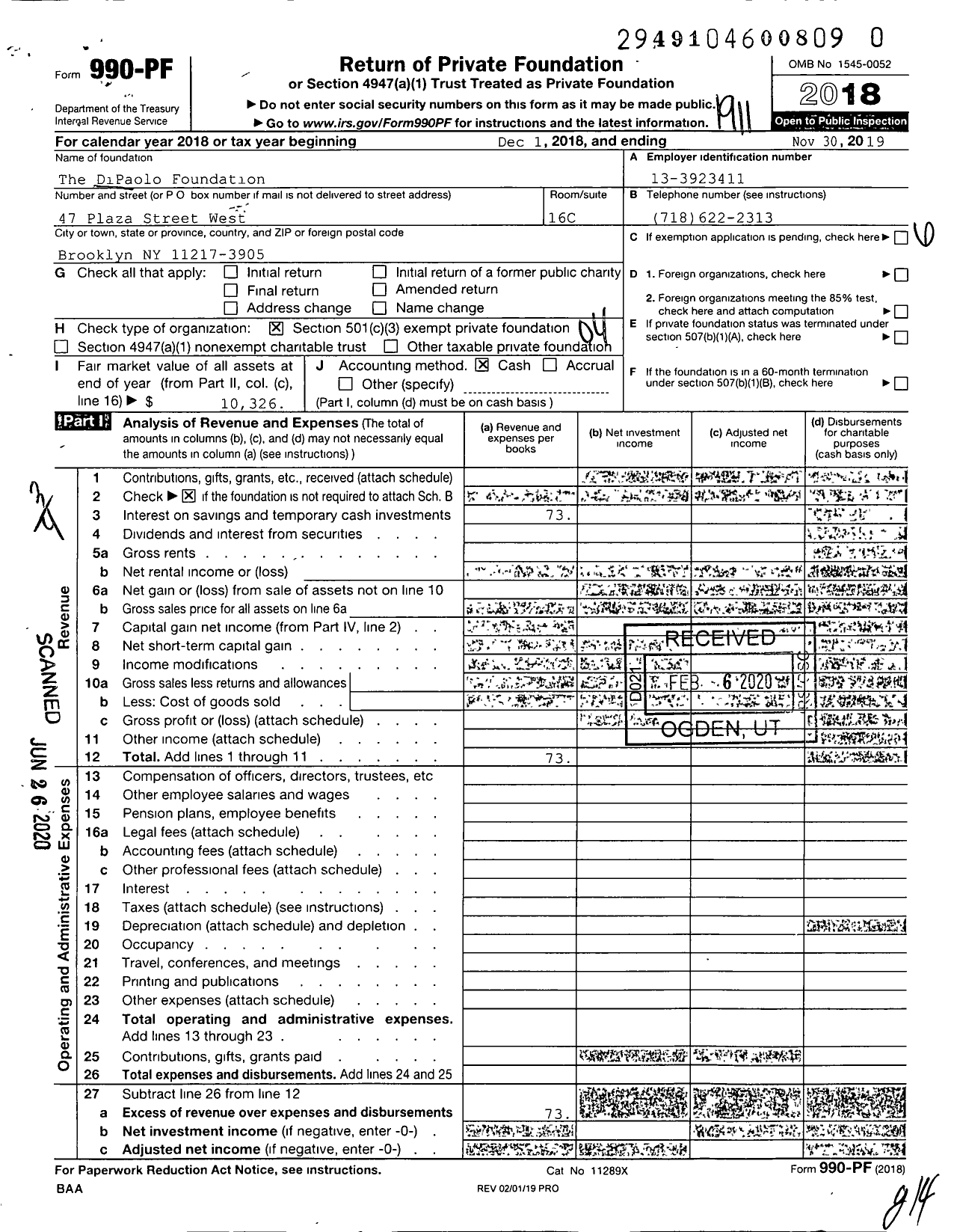 Image of first page of 2018 Form 990PR for Dipaolo Foundation