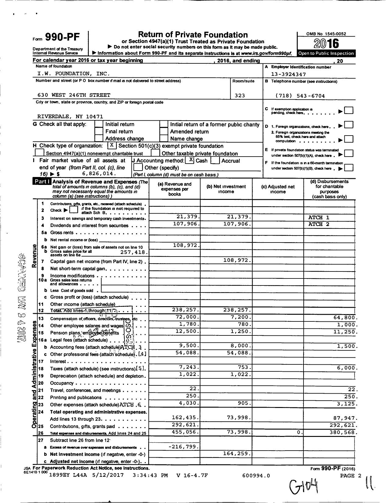 Image of first page of 2016 Form 990PF for Iw Foundation