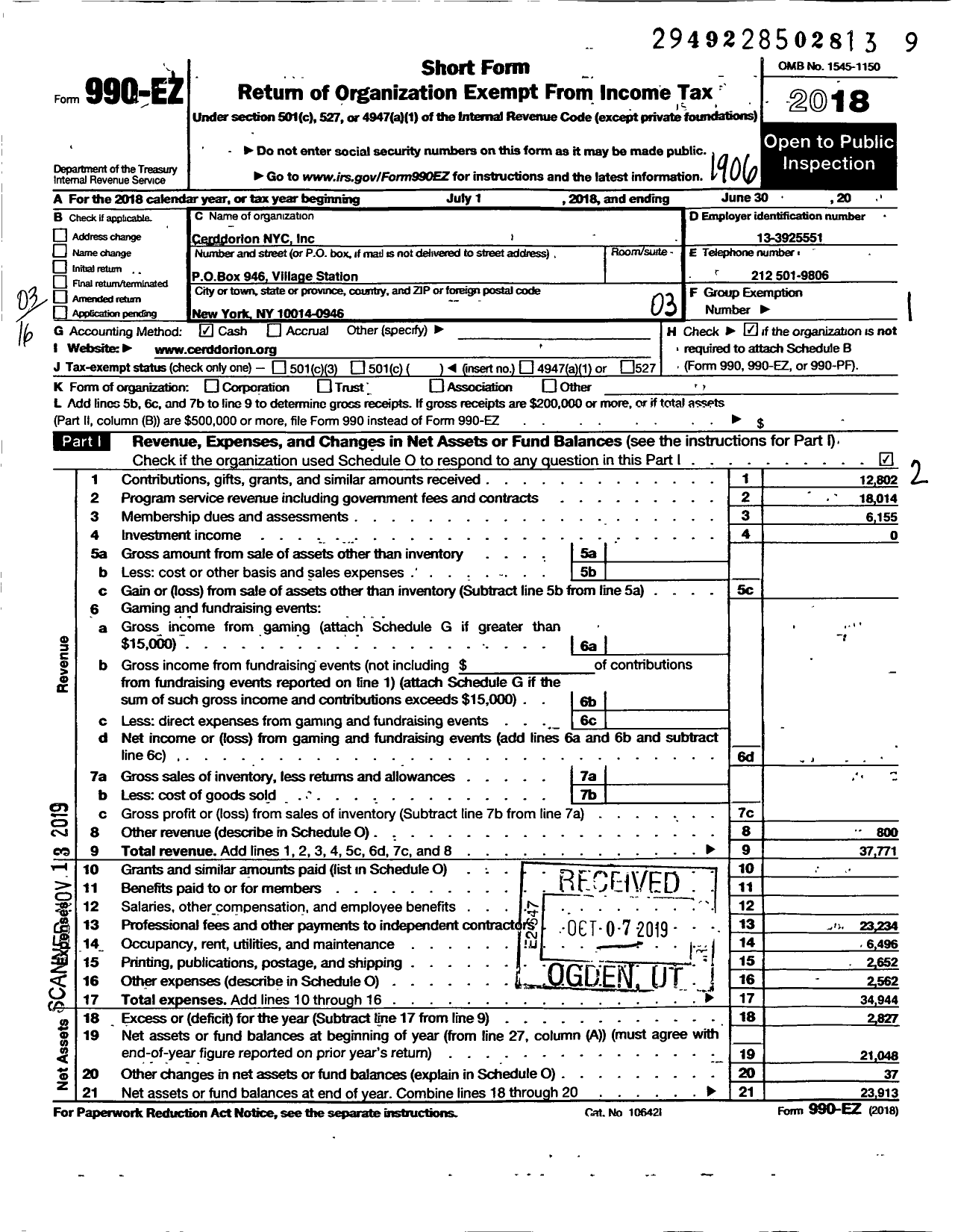 Image of first page of 2018 Form 990EZ for Cerddorion Nyc