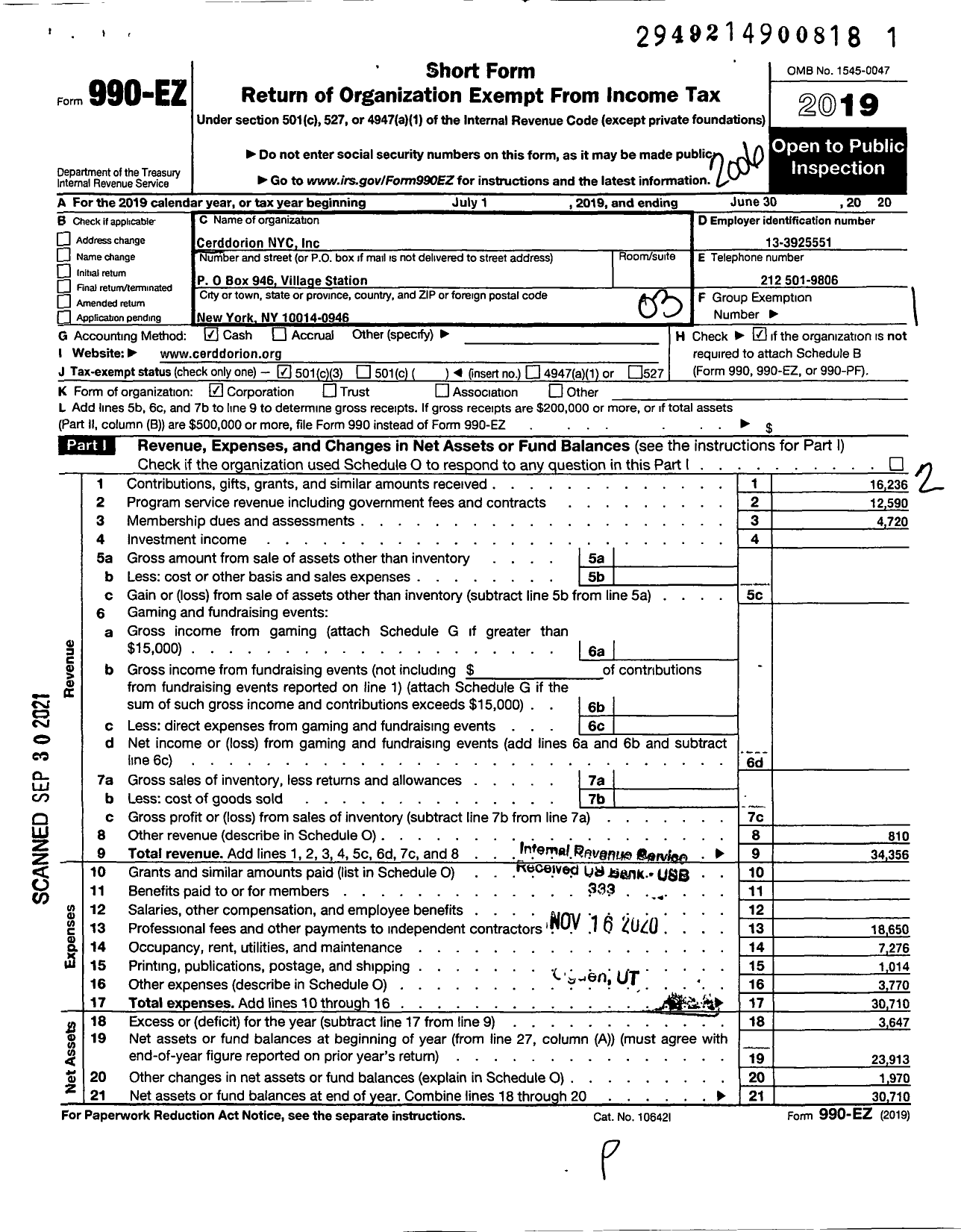 Image of first page of 2019 Form 990EZ for Cerddorion Nyc