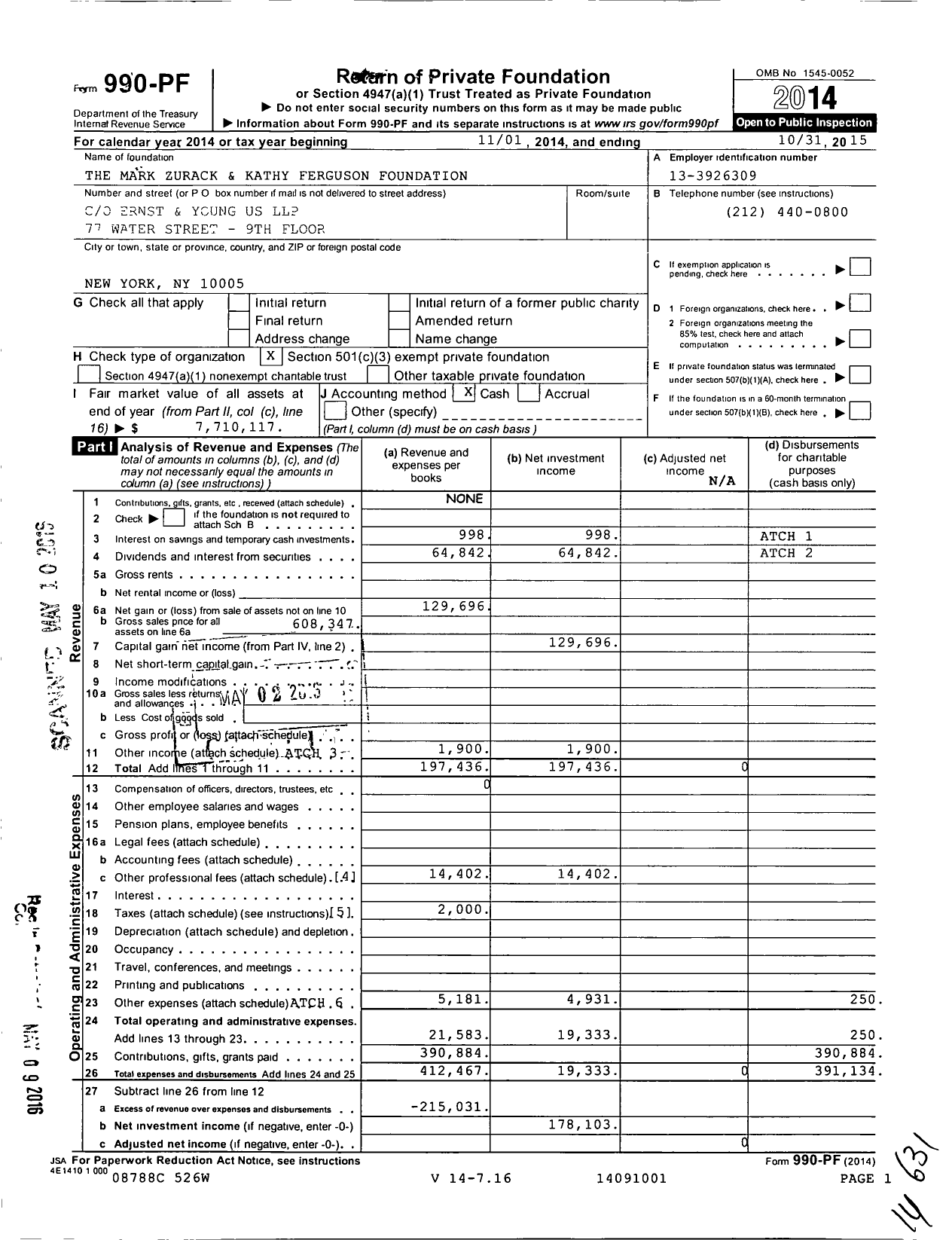 Image of first page of 2014 Form 990PF for The Mark Zurack and Kathy Ferguson Foundation