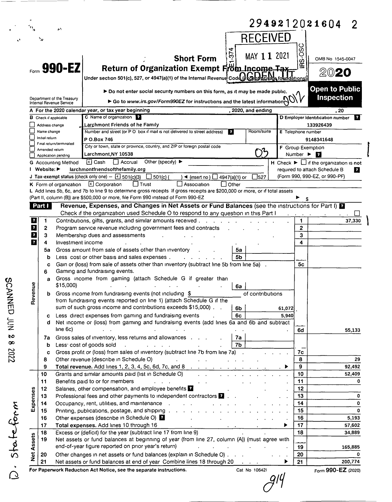 Image of first page of 2020 Form 990EZ for Larchmont Friends Of The Family