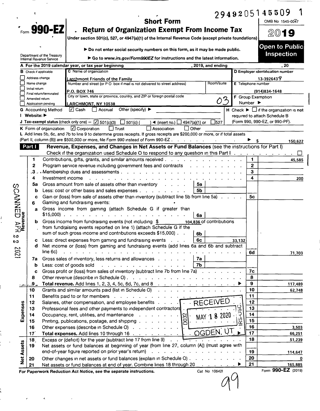 Image of first page of 2019 Form 990EZ for Larchmont Friends Of The Family