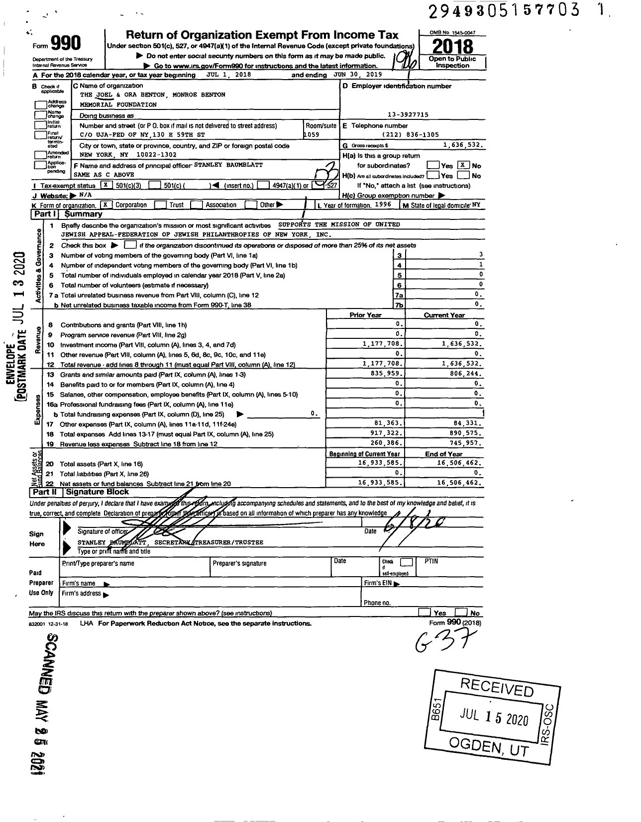 Image of first page of 2018 Form 990 for Joel and Oran Benton Monroe Benton Memorial Foundation