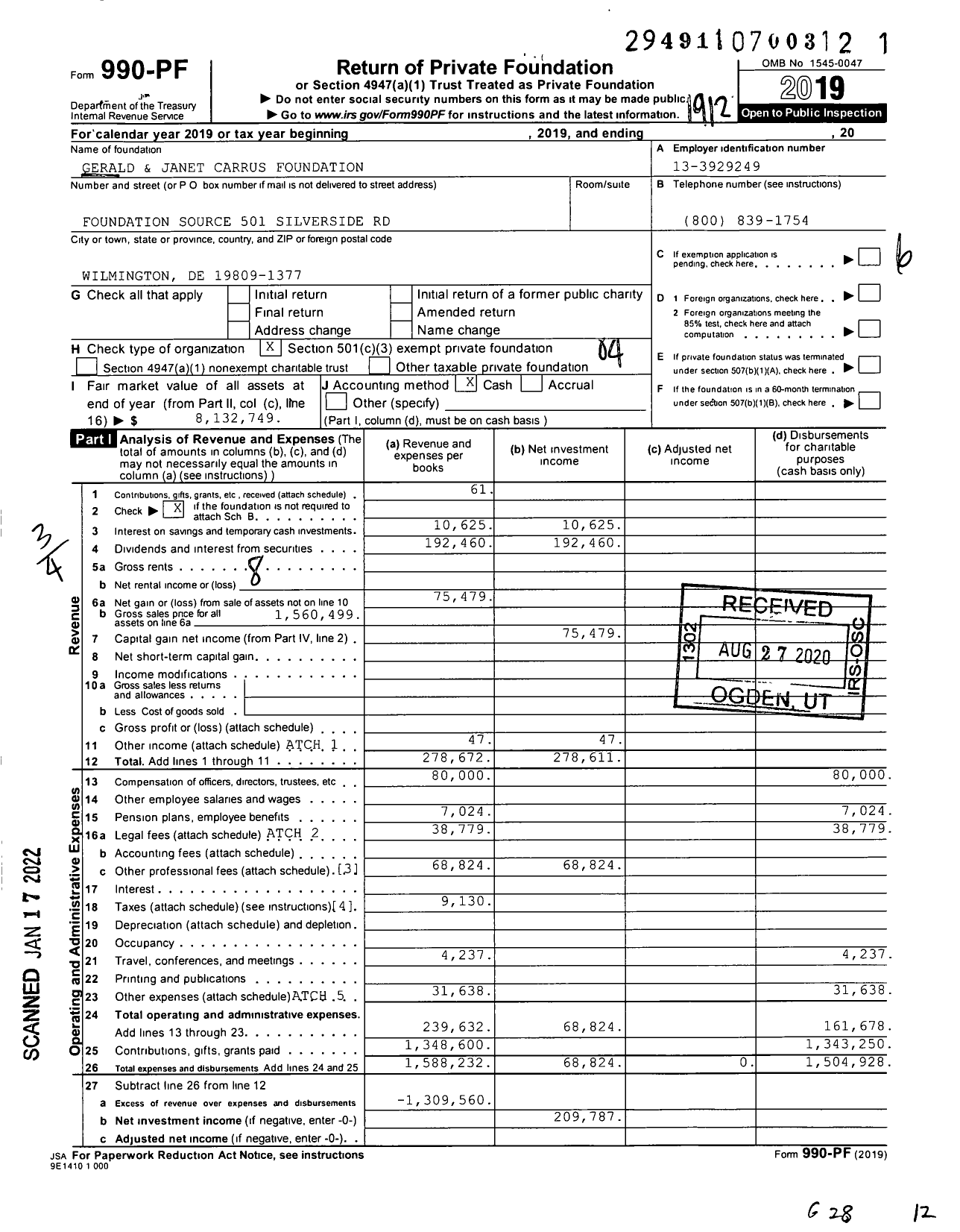 Image of first page of 2019 Form 990PF for Gerald & Janet Carrus Foundation