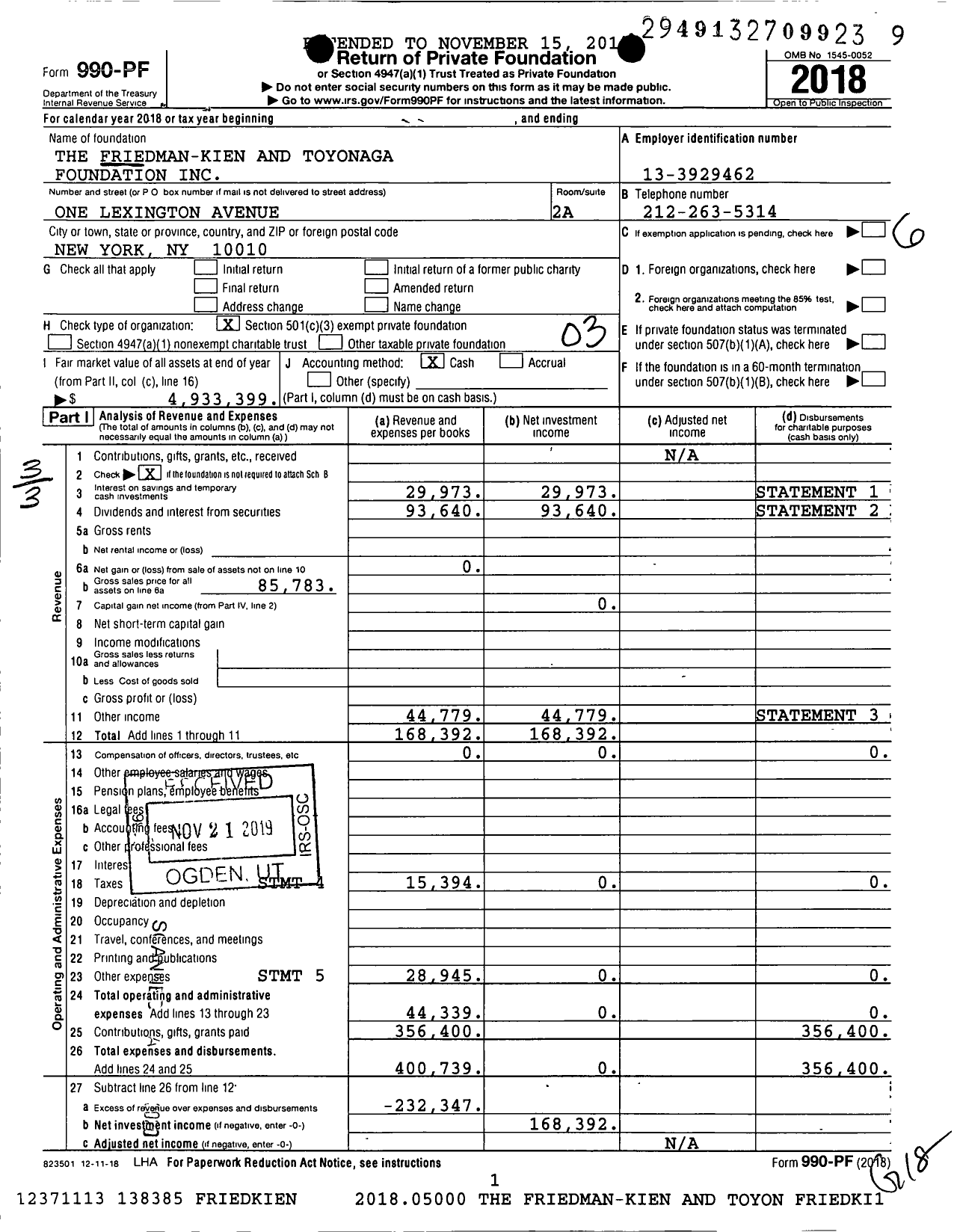 Image of first page of 2018 Form 990PF for The Friedman-Kien and Toyonaga Foundation