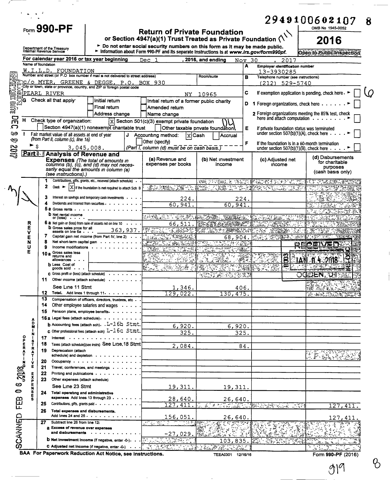Image of first page of 2016 Form 990PF for Wild Foundation