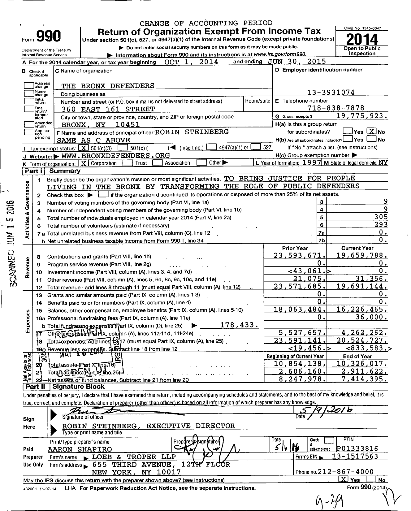 Image of first page of 2014 Form 990 for The Bronx Defenders