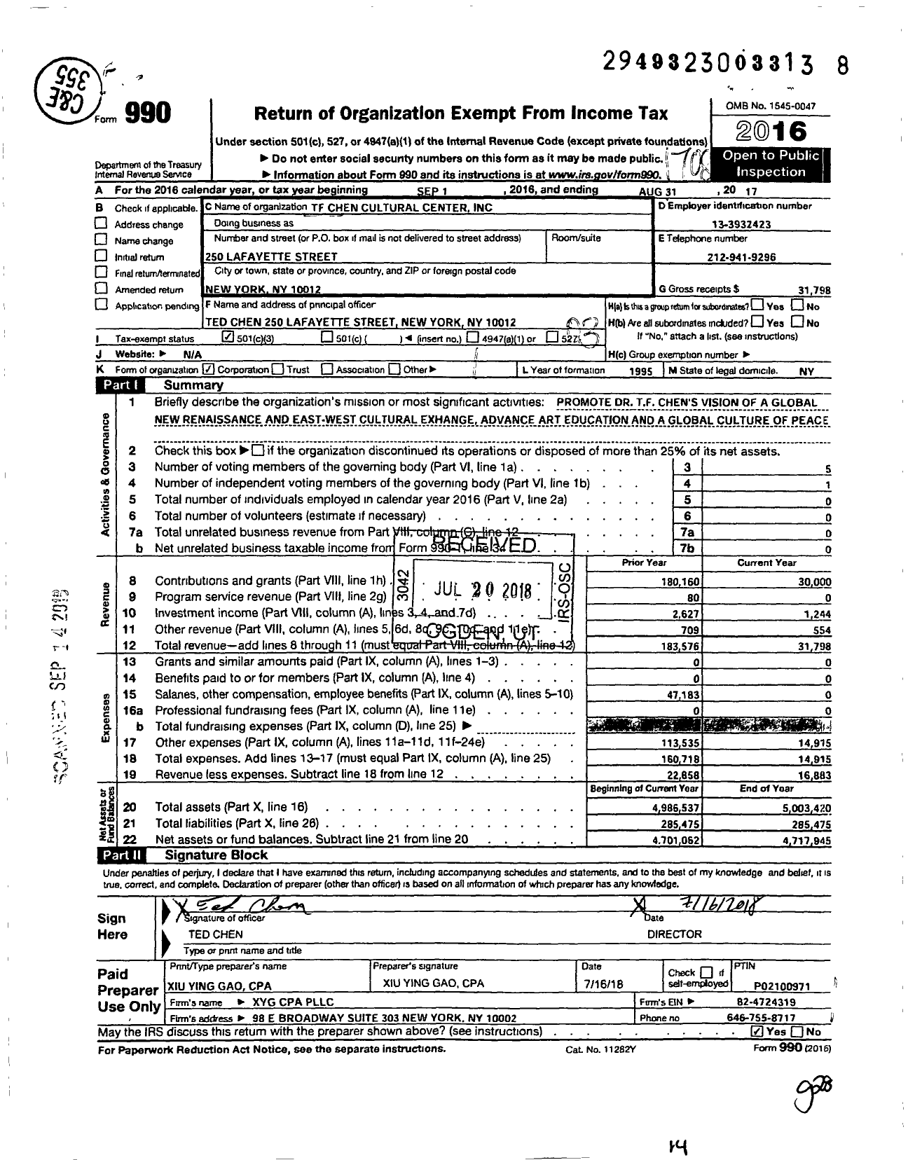 Image of first page of 2016 Form 990 for TF Chen Cultural Center