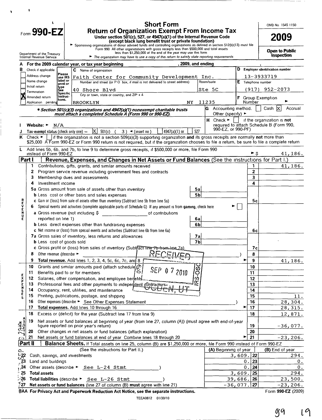 Image of first page of 2009 Form 990EZ for Faith Center For Community Development