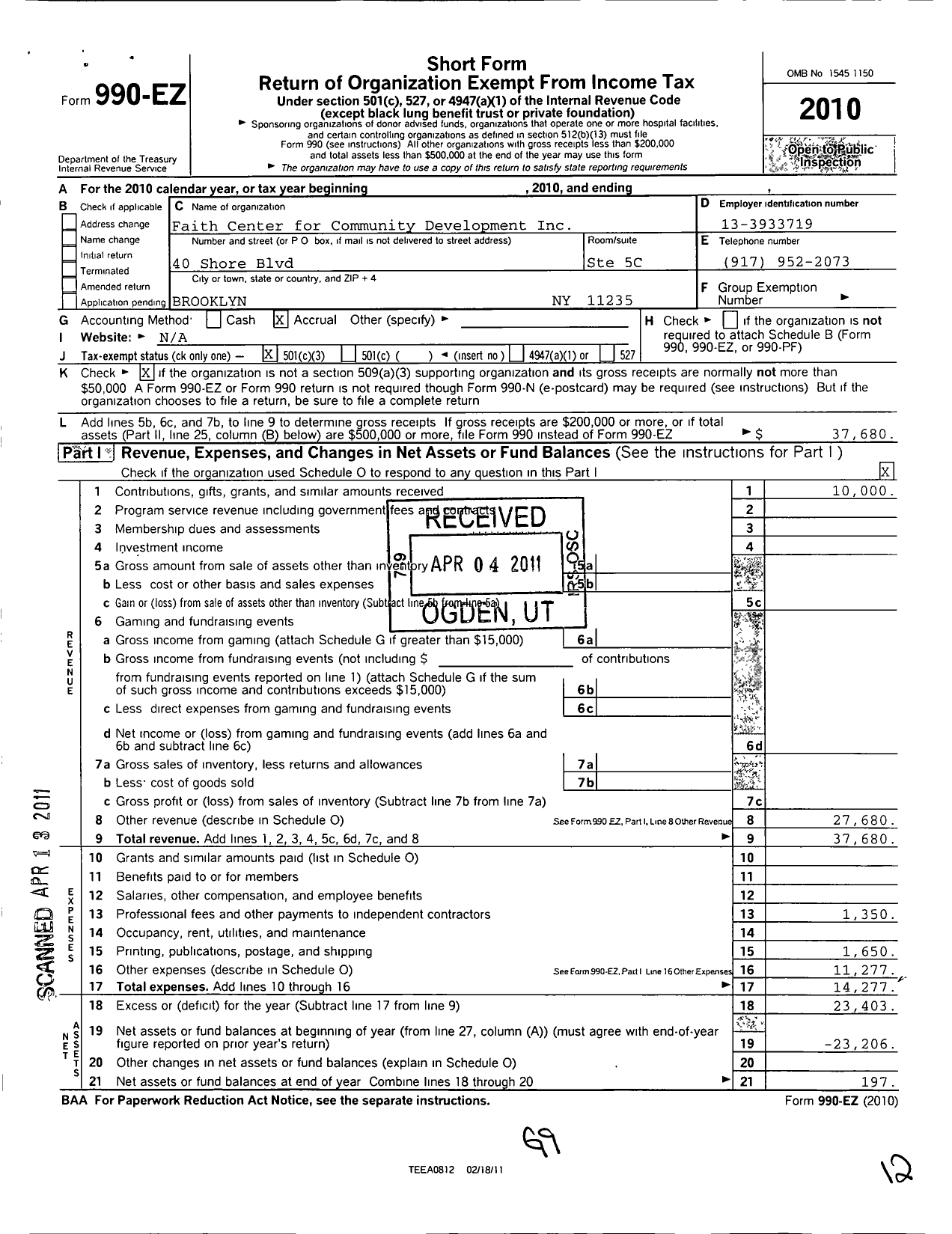 Image of first page of 2010 Form 990EZ for Faith Center For Community Development