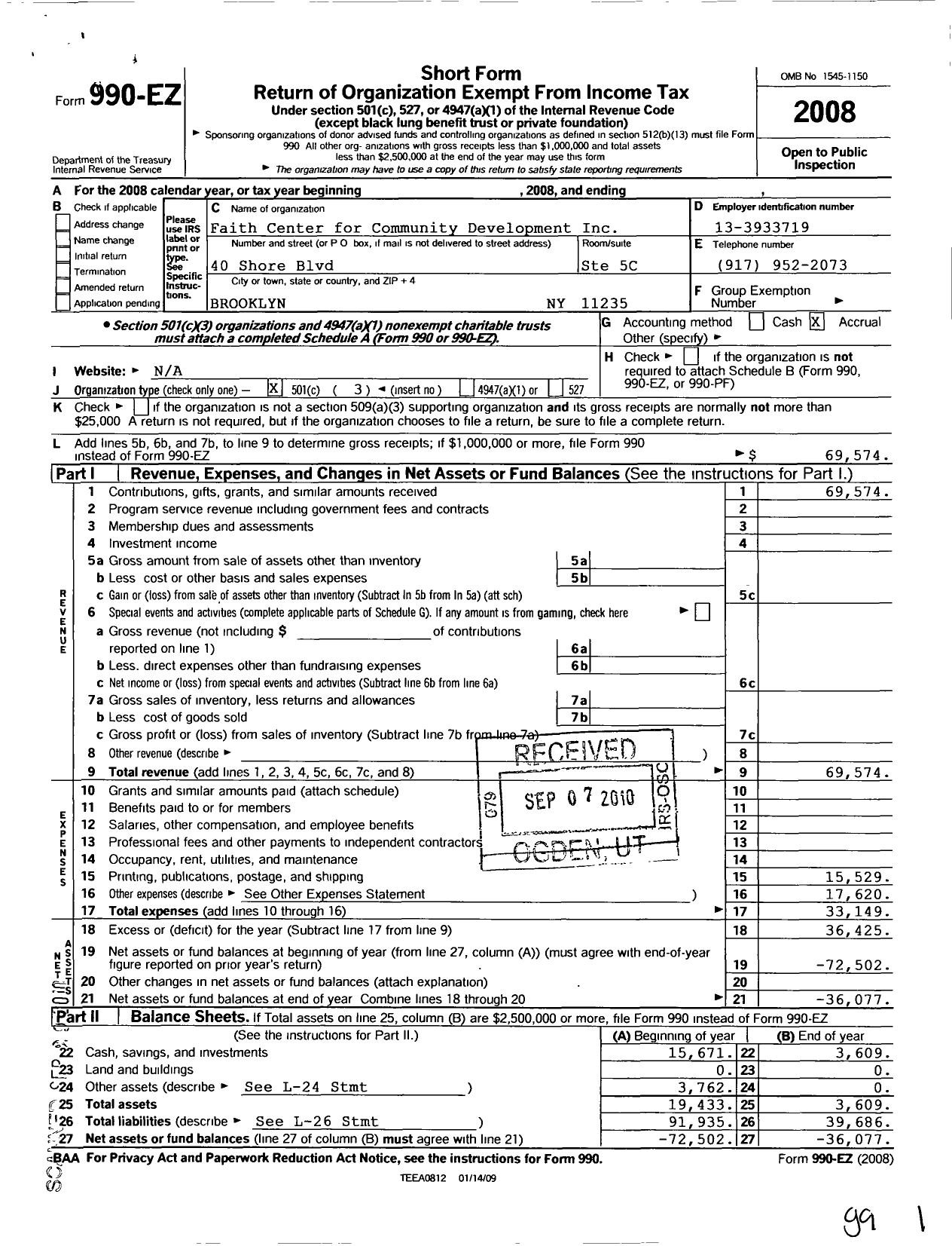 Image of first page of 2008 Form 990EZ for Faith Center For Community Development