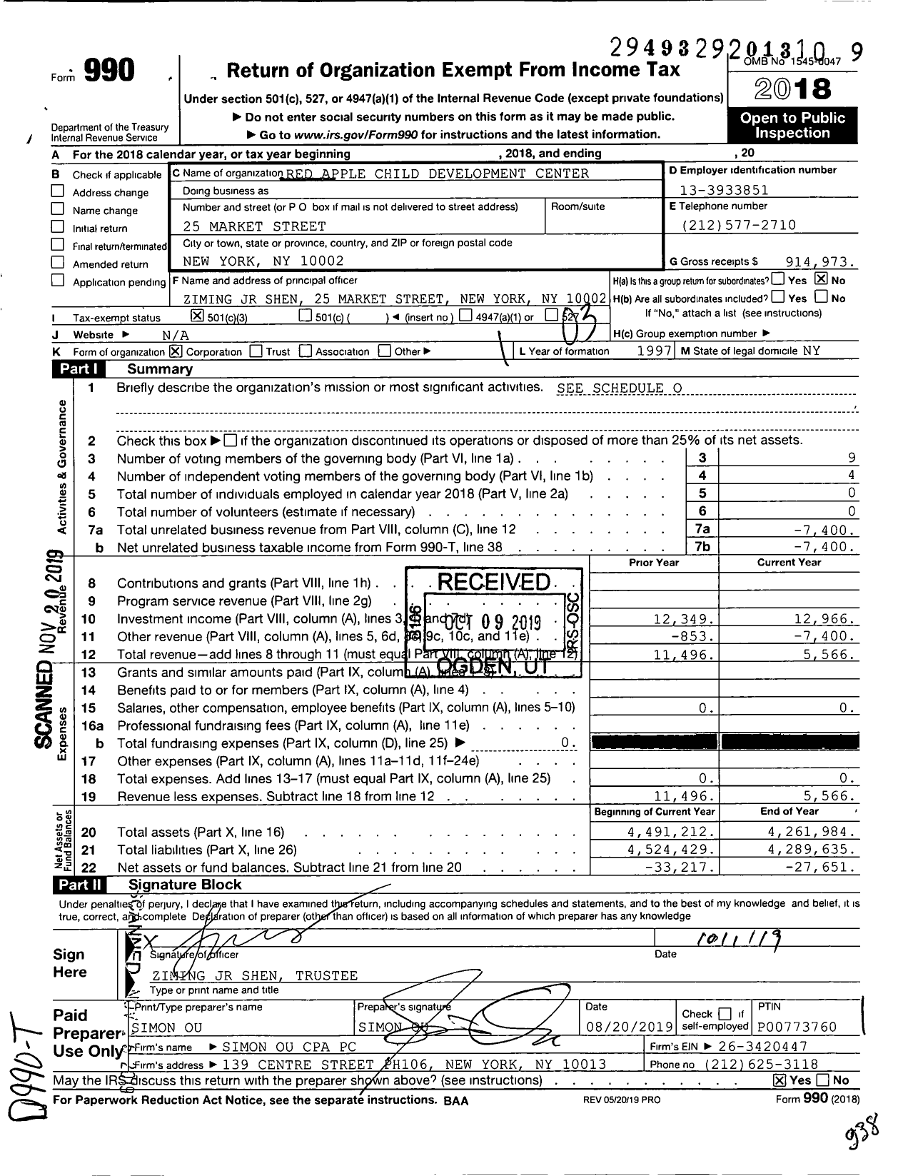 Image of first page of 2018 Form 990 for Red Apple Child Development Center