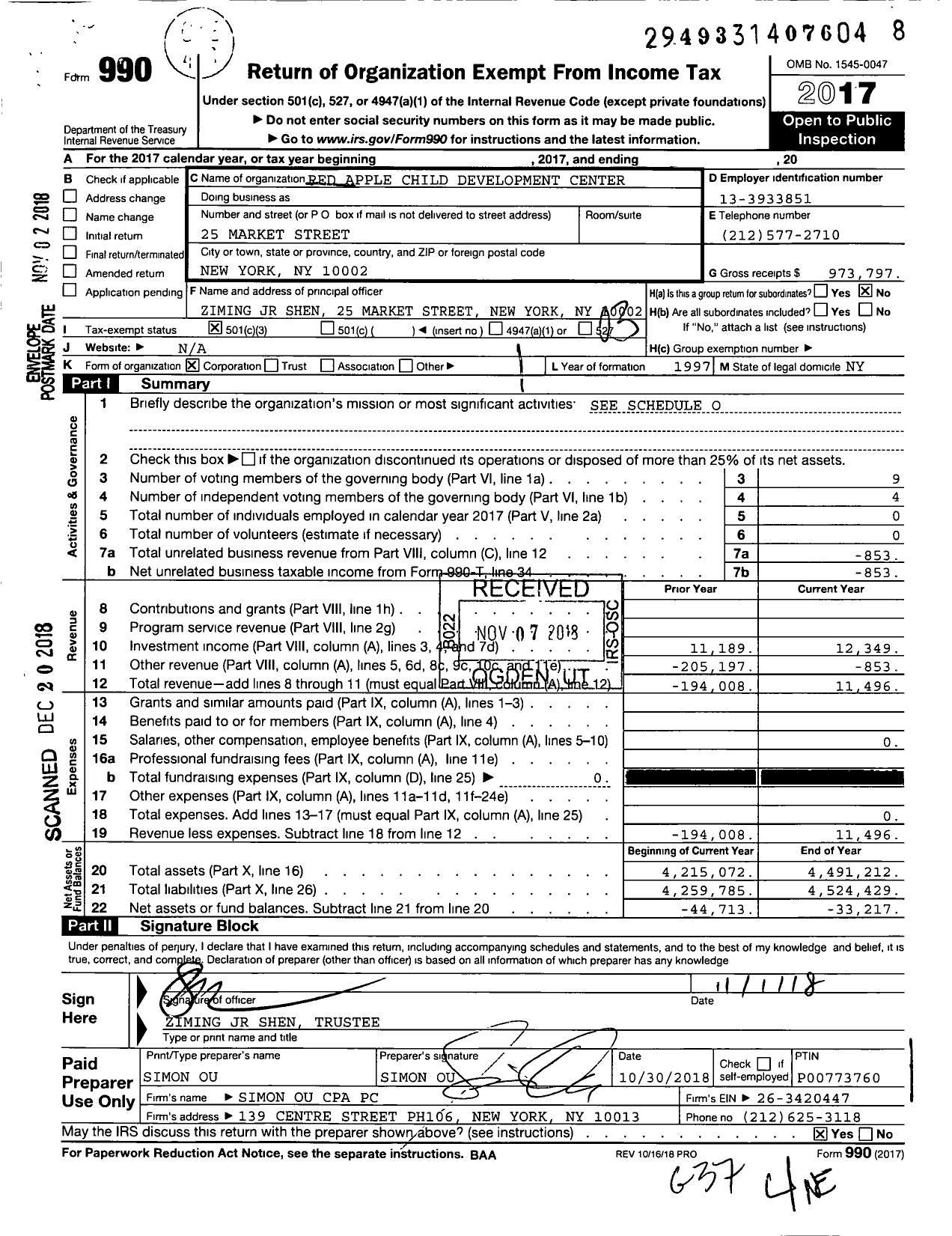 Image of first page of 2017 Form 990 for Red Apple Child Development Center
