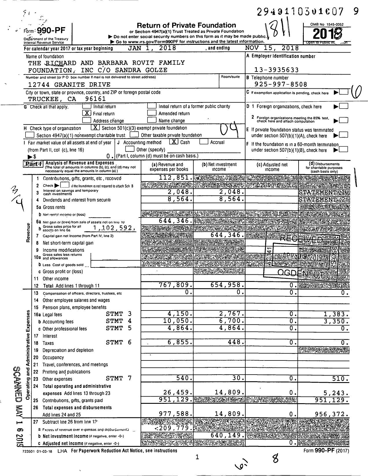 Image of first page of 2017 Form 990PF for The Richard and Barbara Rovit Family Foundation