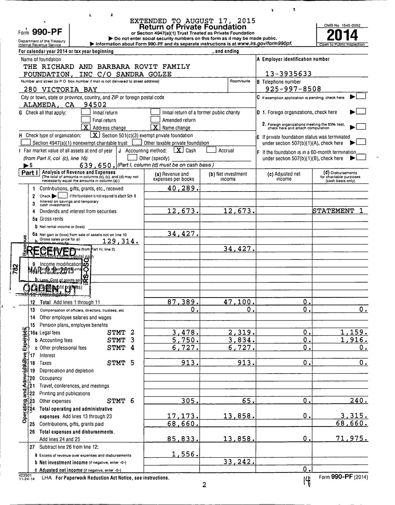 Image of first page of 2014 Form 990PF for The Richard and Barbara Rovit Family Foundation