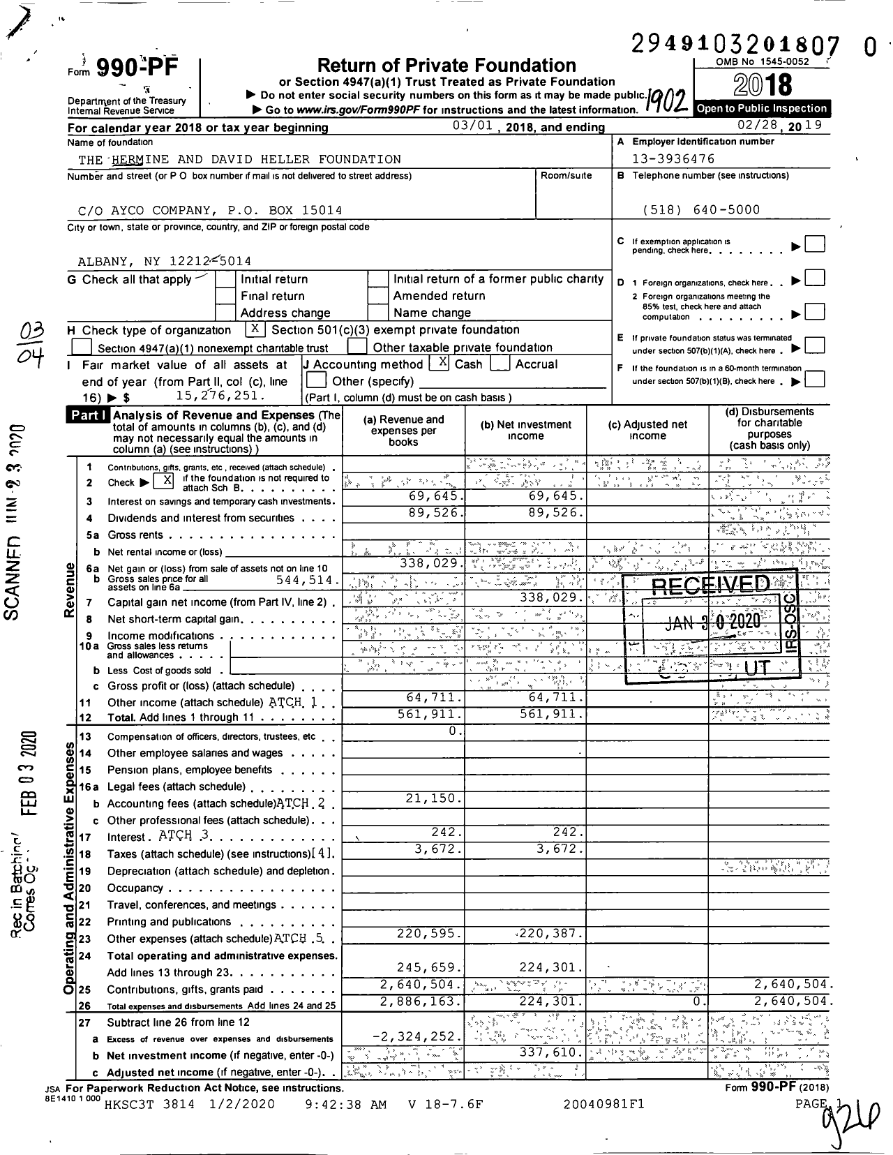 Image of first page of 2018 Form 990PR for The Hermine and David Heller Foundation