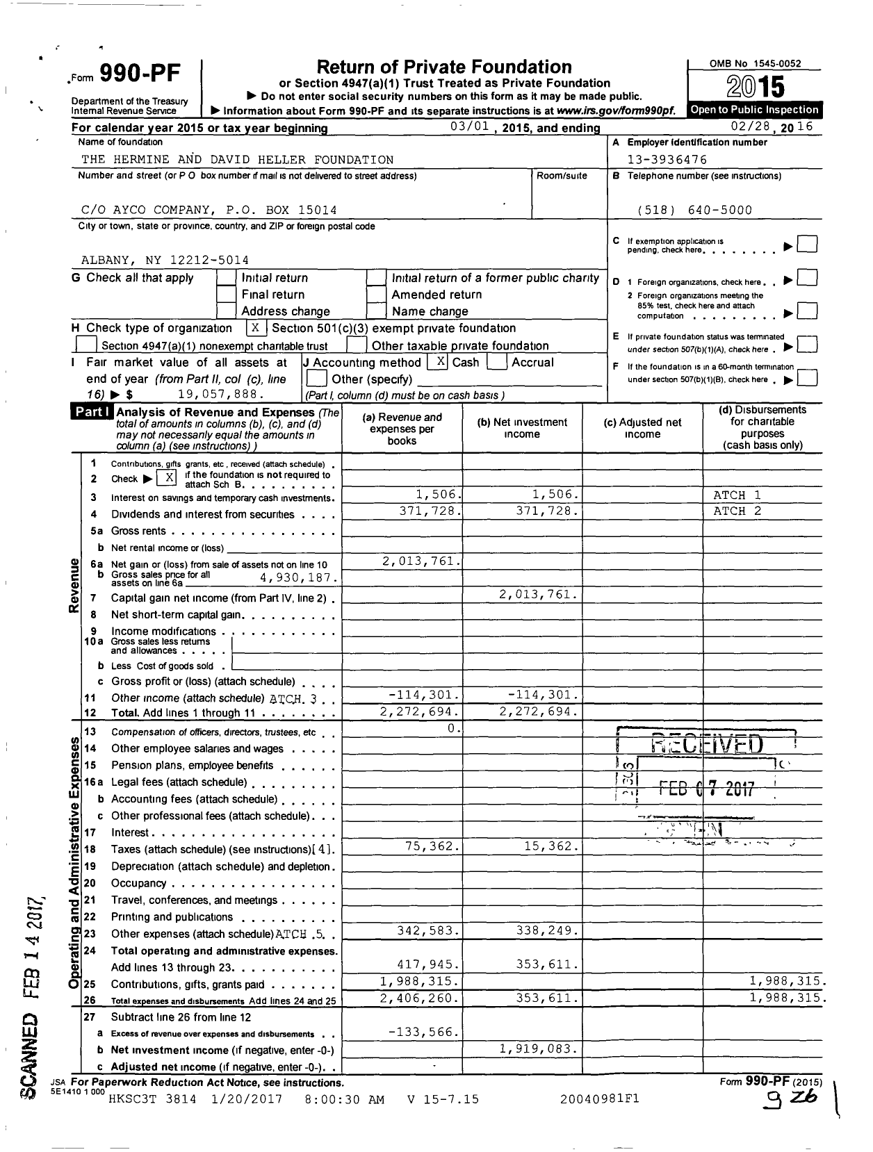 Image of first page of 2015 Form 990PF for The Hermine and David Heller Foundation