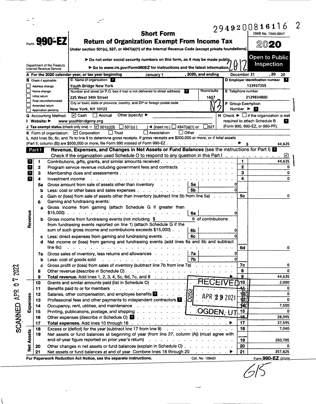 Image of first page of 2020 Form 990EZ for Youthbridge New York