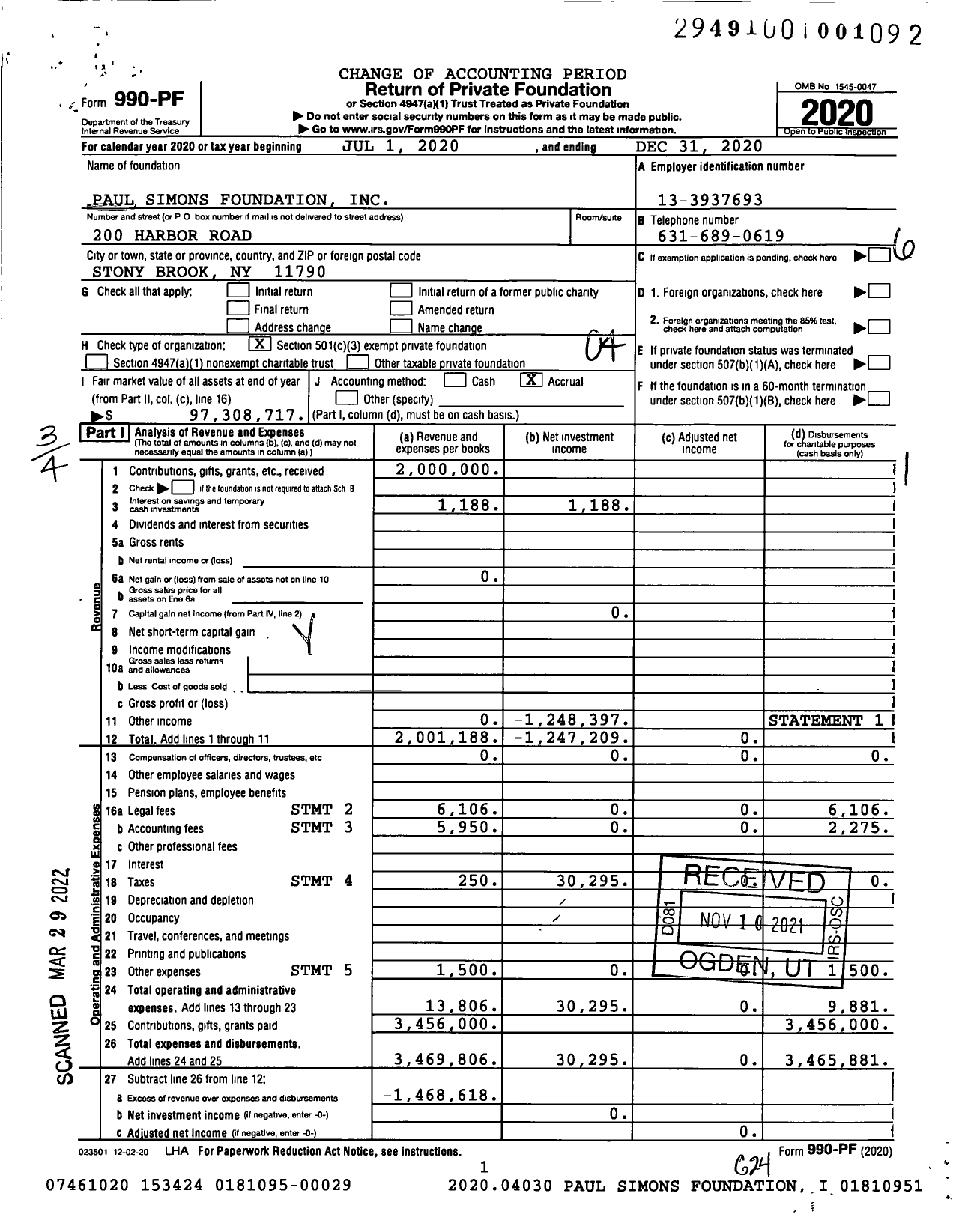 Image of first page of 2020 Form 990PF for Paul Simon's Foundation