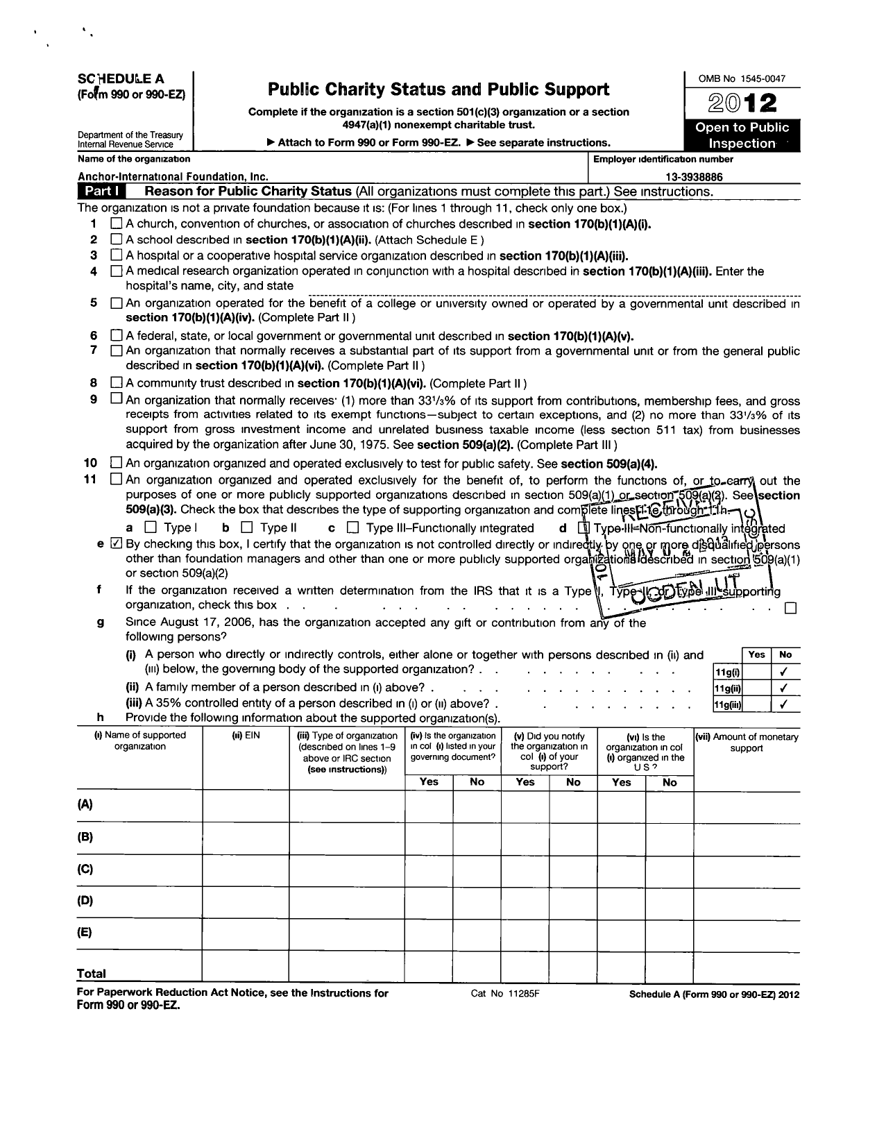 Image of first page of 2012 Form 990ER for Anchor International Foundation