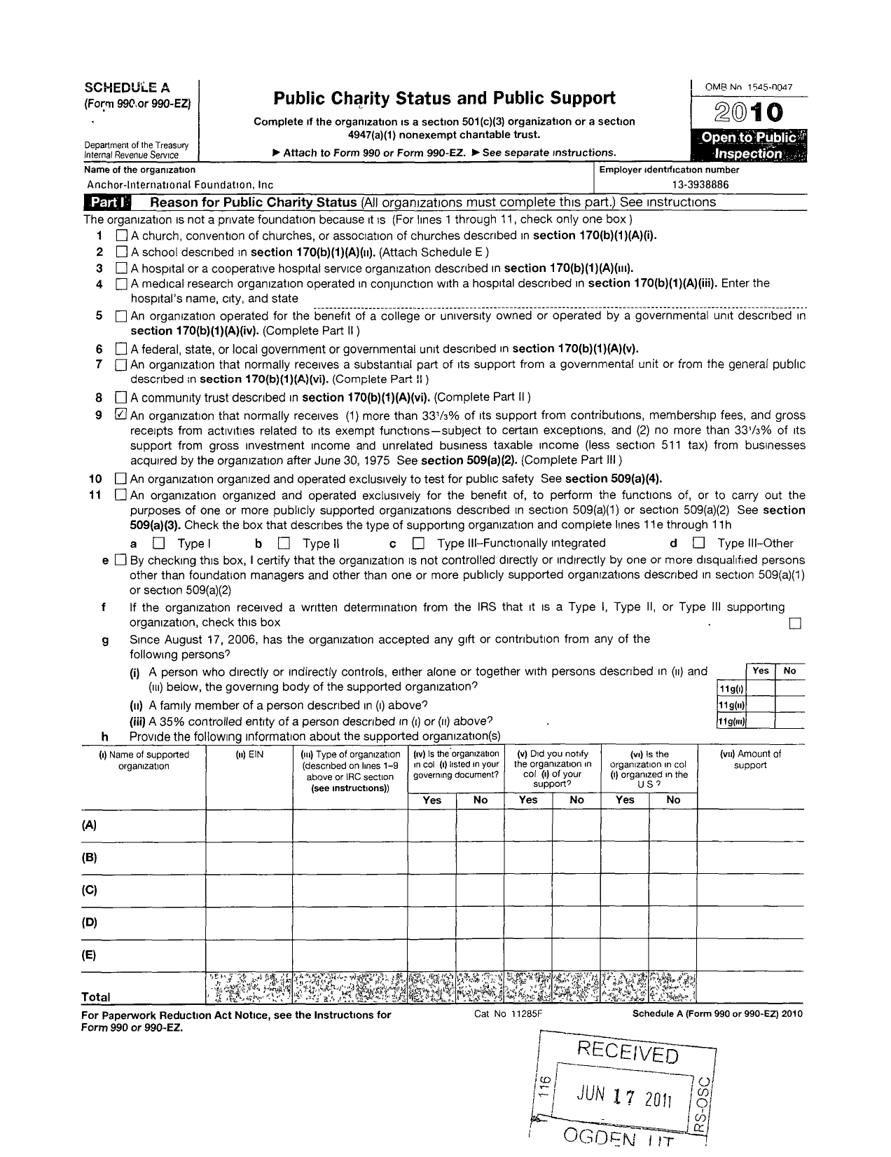 Image of first page of 2010 Form 990ER for Anchor International Foundation