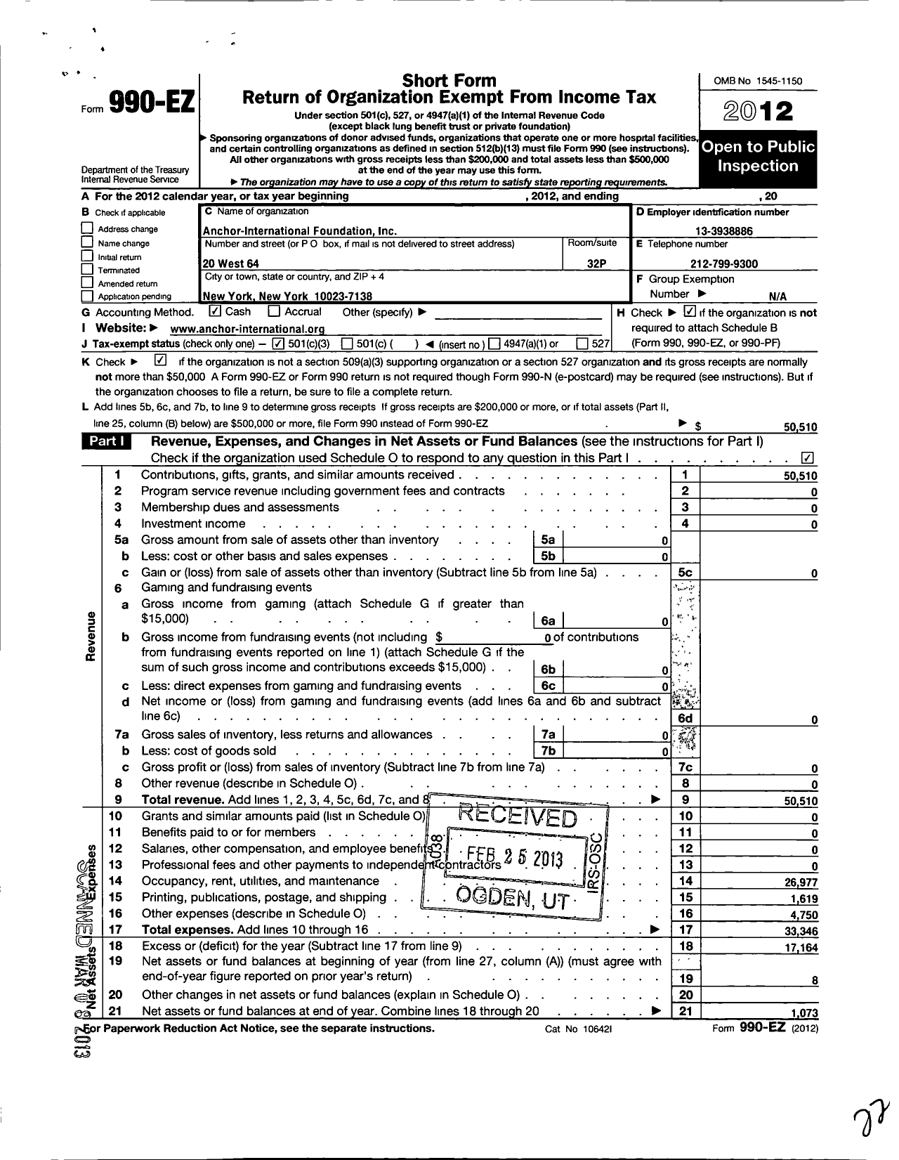 Image of first page of 2012 Form 990EZ for Anchor International Foundation