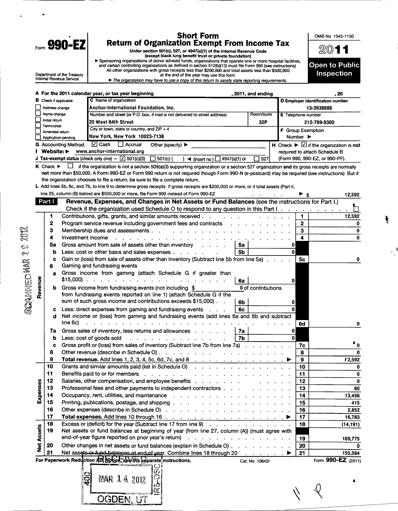 Image of first page of 2011 Form 990EZ for Anchor International Foundation