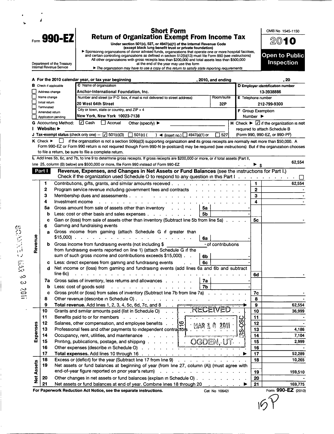 Image of first page of 2010 Form 990EZ for Anchor International Foundation