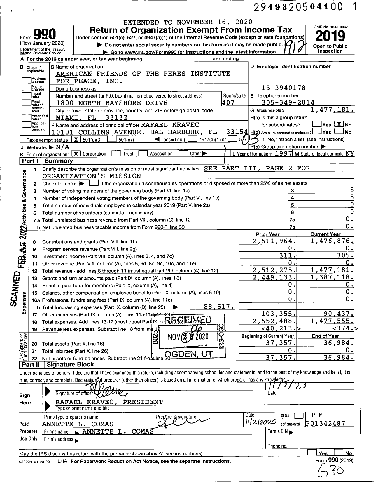 Image of first page of 2019 Form 990 for American Friends of the Peres Institute for Peace